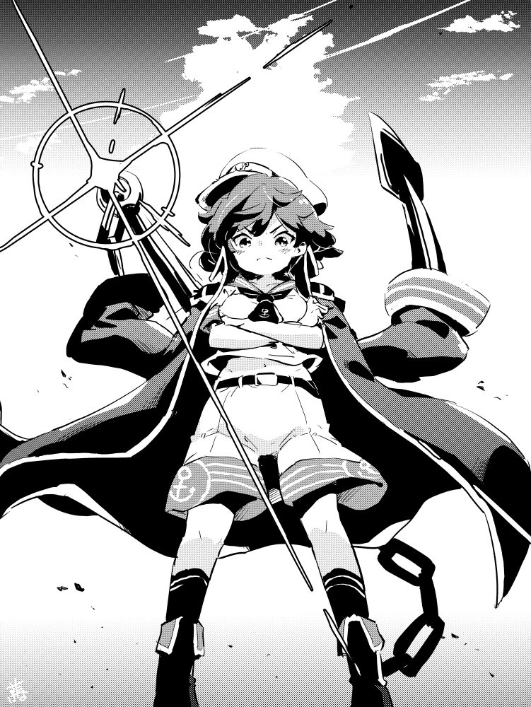 1girl anchor belt breasts cape chain clouds crossed_arms diffraction_spikes from_below glint hat jacket jacket_on_shoulders legs_apart medium_breasts messy_hair midriff monochrome murasa_minamitsu navel outdoors serious shorts solo standing tanasuke touhou touhou_gouyoku_ibun v-shaped_eyebrows