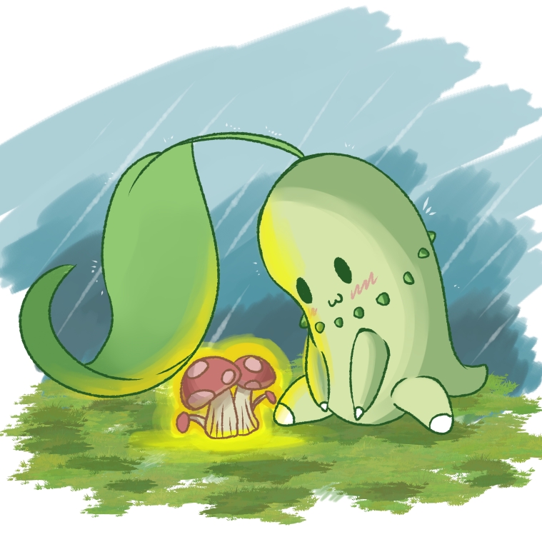 :3 animal_focus black_eyes blue_background blush border chikorita chinese_commentary commentary_request full_body glowing grass leaf looking_down mew_kate mushroom no_humans on_ground pokemon pokemon_(creature) rain simple_background sitting sketch solid_oval_eyes solo white_border