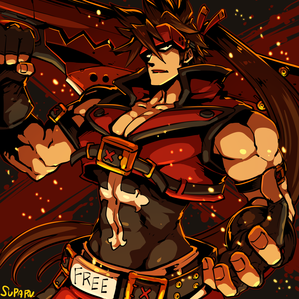 1boy abs artist_name belt brown_hair embers fingerless_gloves gloves guilty_gear headband holding holding_sword holding_weapon long_hair looking_at_viewer male_focus muscular muscular_male open_mouth over_shoulder pectoral_cleavage pectorals ponytail red_eyes simple_background sol_badguy solo spiky_hair suparu_(detteiu) sword sword_over_shoulder weapon weapon_over_shoulder