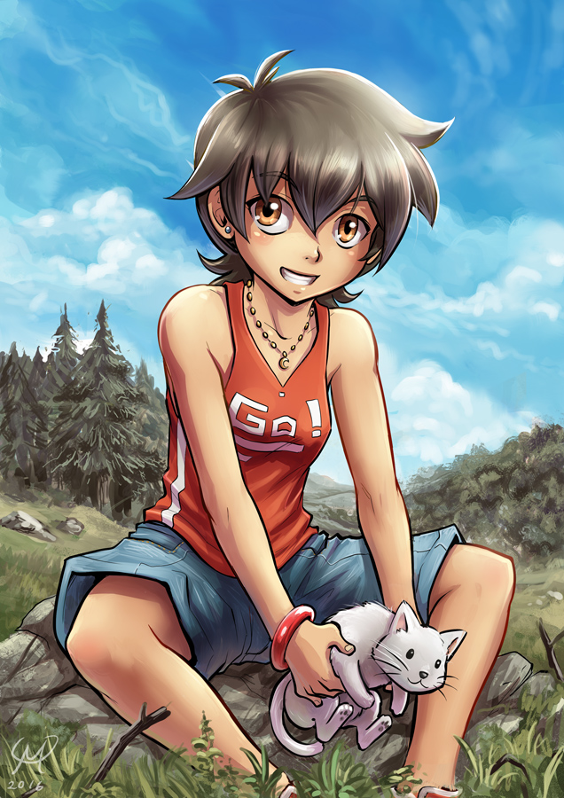 1girl breasts cat dark-skinned_female dark_skin grass jewelry maxa' necklace original piercing shorts sky small_breasts smile solo tank_top tomboy tree