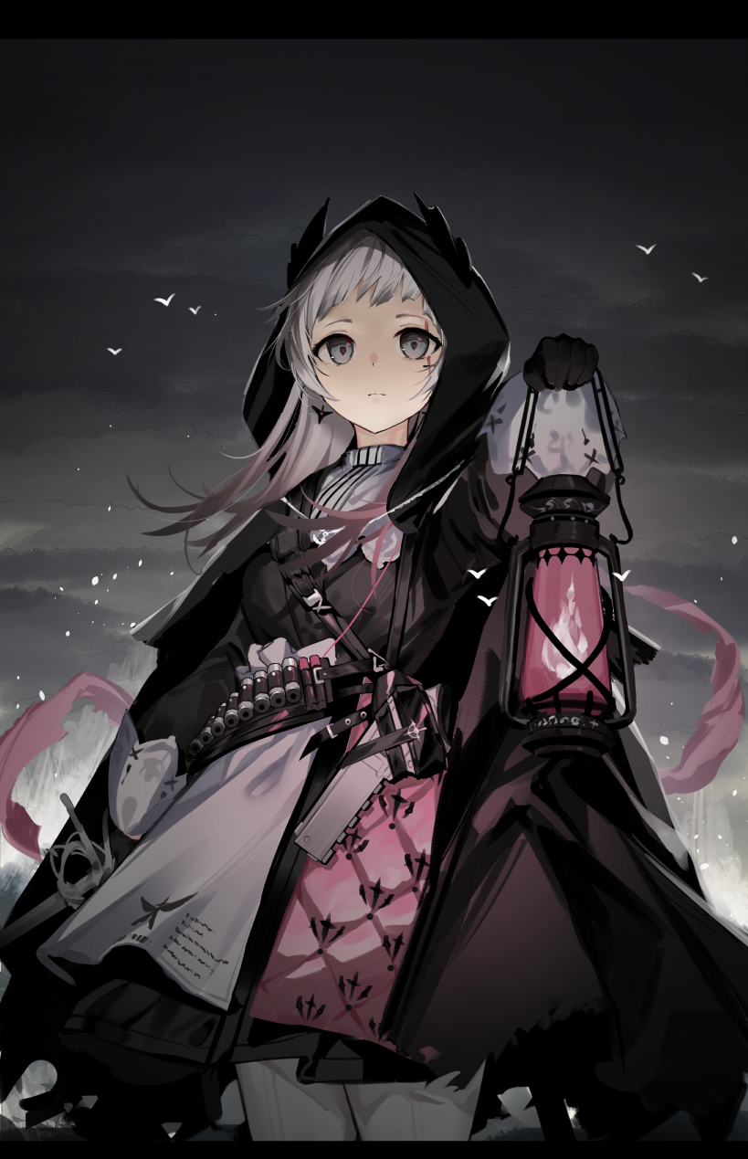 1girl arknights bandolier black_gloves cloak commentary gloves grey_eyes grey_hair grey_sky gun highres holding holding_sword holding_weapon hood hooded_cloak irene_(arknights) lantern long_hair rapier scar scar_across_eye sword wazd0183 weapon