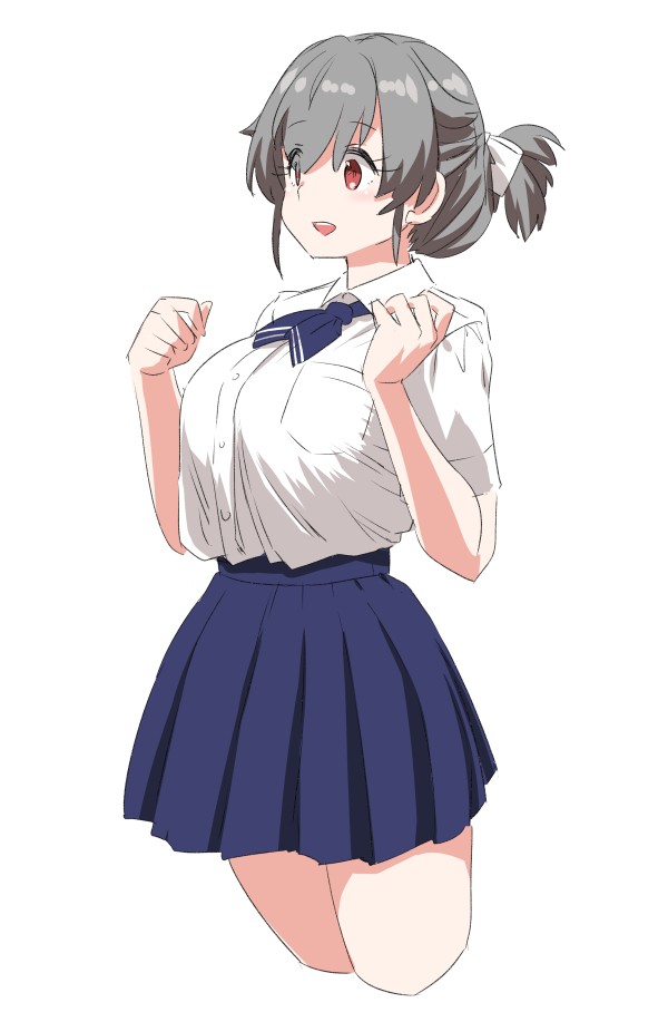 1girl alternate_costume ascot black_hair blue_ascot blue_skirt blush breasts collared_shirt cowboy_shot hair_between_eyes hair_flaps jingei_(kancolle) kantai_collection large_breasts long_hair looking_at_viewer low_ponytail open_mouth pleated_skirt school_uniform shirt short_sleeves simple_background skirt smile solo tamu_(mad_works) white_background white_shirt