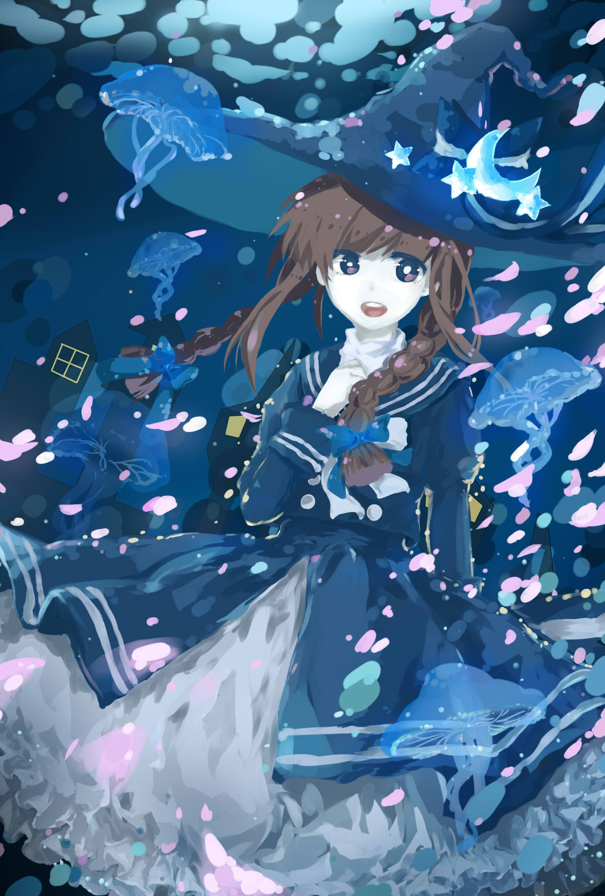 1girl air_bubble bangs black_dress braid brown_eyes brown_hair bubble commentary_request crescent dress funamusea futago hair_ornament hand_on_own_chest hat highres jellyfish oounabara_to_wadanohara open_mouth ribbon solo star_(symbol) star_hair_ornament teeth tongue twin_braids underwater wadanohara white_ribbon witch_hat