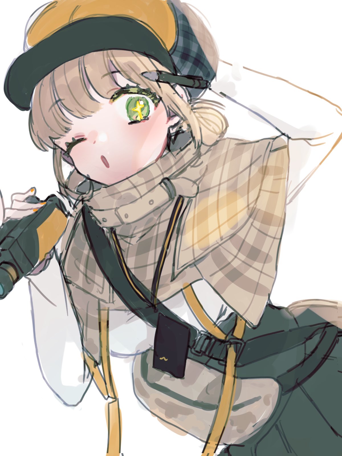 +_+ 1girl :o arm_behind_head bag bangs binoculars black_skirt blush breasts capelet chi_di_mo double_bun goddess_of_victory:_nikke green_eyes hair_bun hat highres holding holding_binoculars light_brown_hair long_sleeves looking_at_viewer novel_(nikke) one_eye_closed parted_lips pen pen_behind_ear plaid plaid_capelet shirt simple_background skirt solo white_background white_shirt