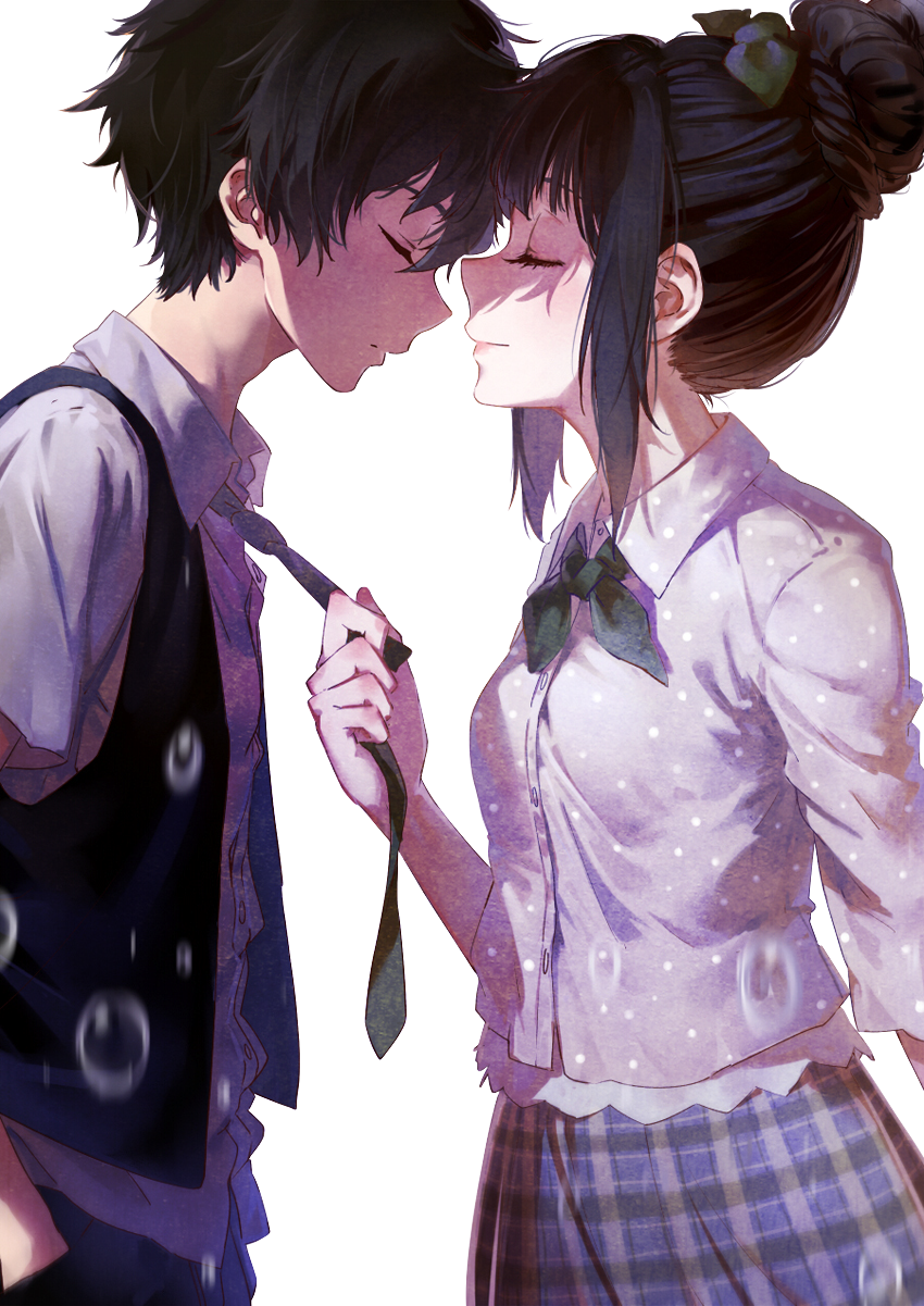 1boy 1girl black_hair blouse braid breasts chinese_commentary chitanda_eru cici closed_eyes closed_mouth collared_shirt commentary_request dress_shirt face-to-face forehead-to-forehead from_side hair_bun hair_up hand_in_pocket heads_together hetero highres hyouka imminent_kiss long_hair motion_blur neckerchief necktie necktie_grab neckwear_grab non-web_source oreki_houtarou photoshop_(medium) plaid plaid_skirt polka_dot polka_dot_shirt profile rain shirt short_hair short_sleeves sidelocks single_hair_bun skirt small_breasts smile source_request upper_body vest water_drop white_background white_shirt