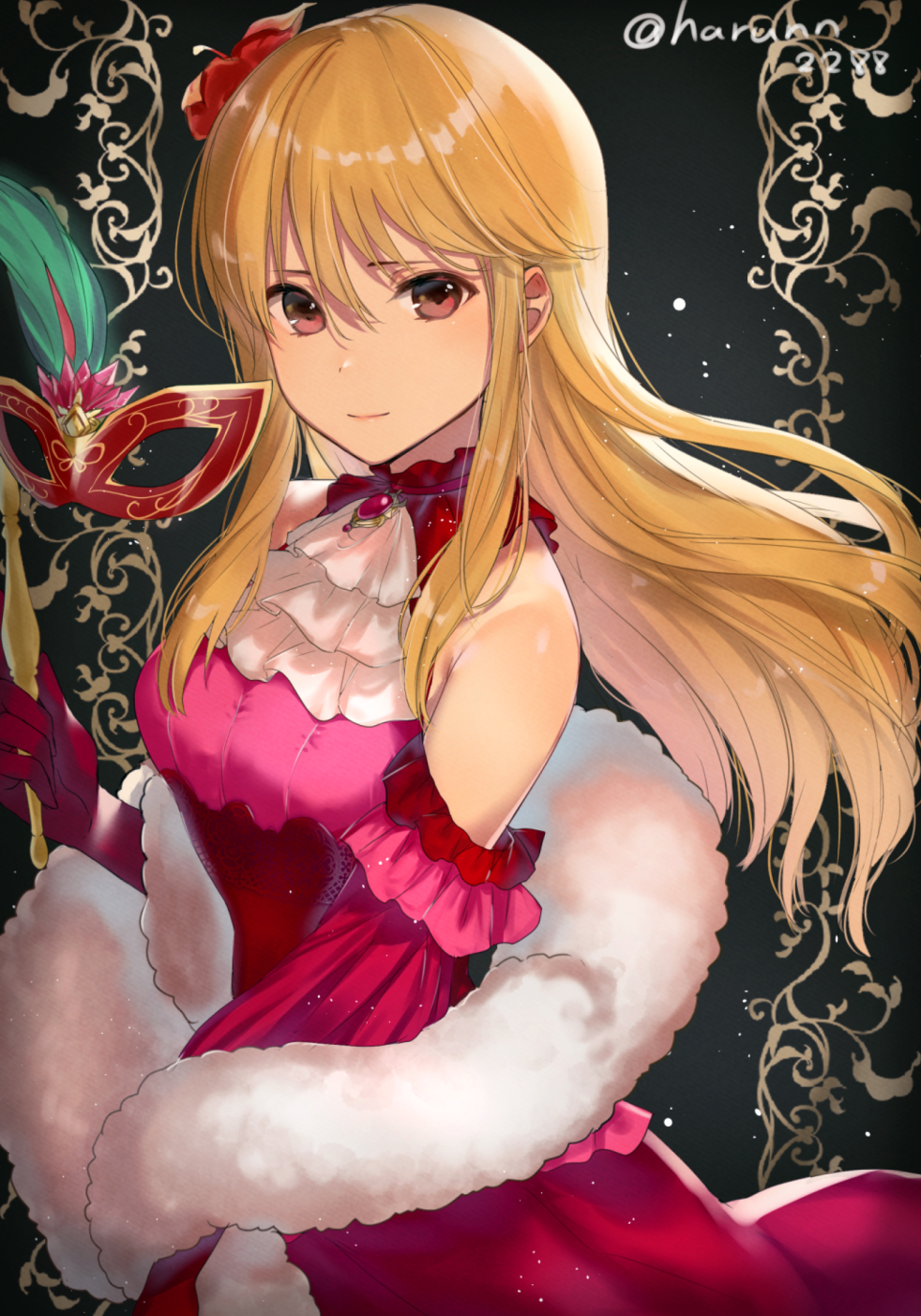 1girl ascot bangs blonde_hair closed_mouth detached_sleeves dress fire_emblem fire_emblem:_genealogy_of_the_holy_war fire_emblem_heroes floating_hair flower gloves hair_between_eyes hair_flower hair_ornament haru_(nakajou-28) highres lachesis_(fire_emblem) long_hair looking_at_viewer red_dress red_eyes red_flower red_gloves red_sleeves shiny shiny_hair sleeveless sleeveless_dress smile solo twitter_username white_ascot