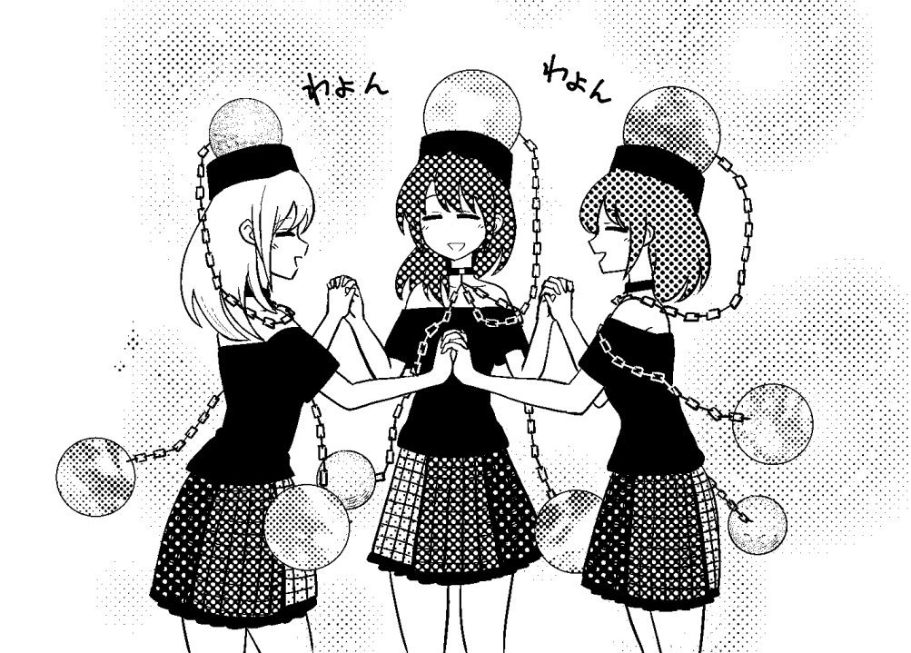 3girls bangs bare_shoulders blush chain choker closed_eyes collarbone commentary_request earth_(ornament) frills gradient gradient_background greyscale hair_between_eyes hands_up hecatia_lapislazuli hecatia_lapislazuli_(earth) hecatia_lapislazuli_(moon) holding holding_hands medium_hair miniskirt monochrome moon_(ornament) multiple_girls multiple_persona off-shoulder_shirt off_shoulder open_mouth plaid plaid_skirt polos_crown shiguma_(signalmass) shirt short_sleeves skirt smile t-shirt touhou translation_request underworld_(ornament)