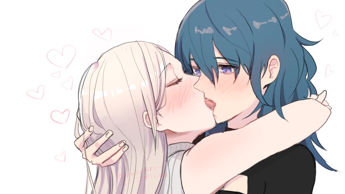 2girls arm_around_neck bare_arms black_shirt blue_eyes blue_hair blush byleth_(fire_emblem) byleth_eisner_(female) closed_eyes edelgard_von_hresvelg fire_emblem fire_emblem:_three_houses french_kiss hair_down hand_in_another's_hair heart kiss long_hair looking_at_another multiple_girls open_mouth portrait ribbed_sweater shiny shiny_hair shirt sketch sleeveless sleeveless_sweater straight_hair sweater tongue tongue_out white_background white_hair white_sweater yukiyanagi_raki yuri