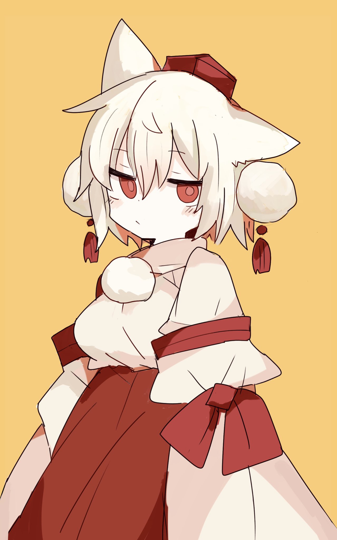 1girl 76gpo ;/ animal_ears closed_mouth hat high-waist_skirt highres inubashiri_momiji looking_at_viewer pom_pom_(clothes) red_eyes red_headwear red_skirt shirt short_hair simple_background skirt solo tokin_hat touhou white_hair white_shirt wolf_ears yellow_background