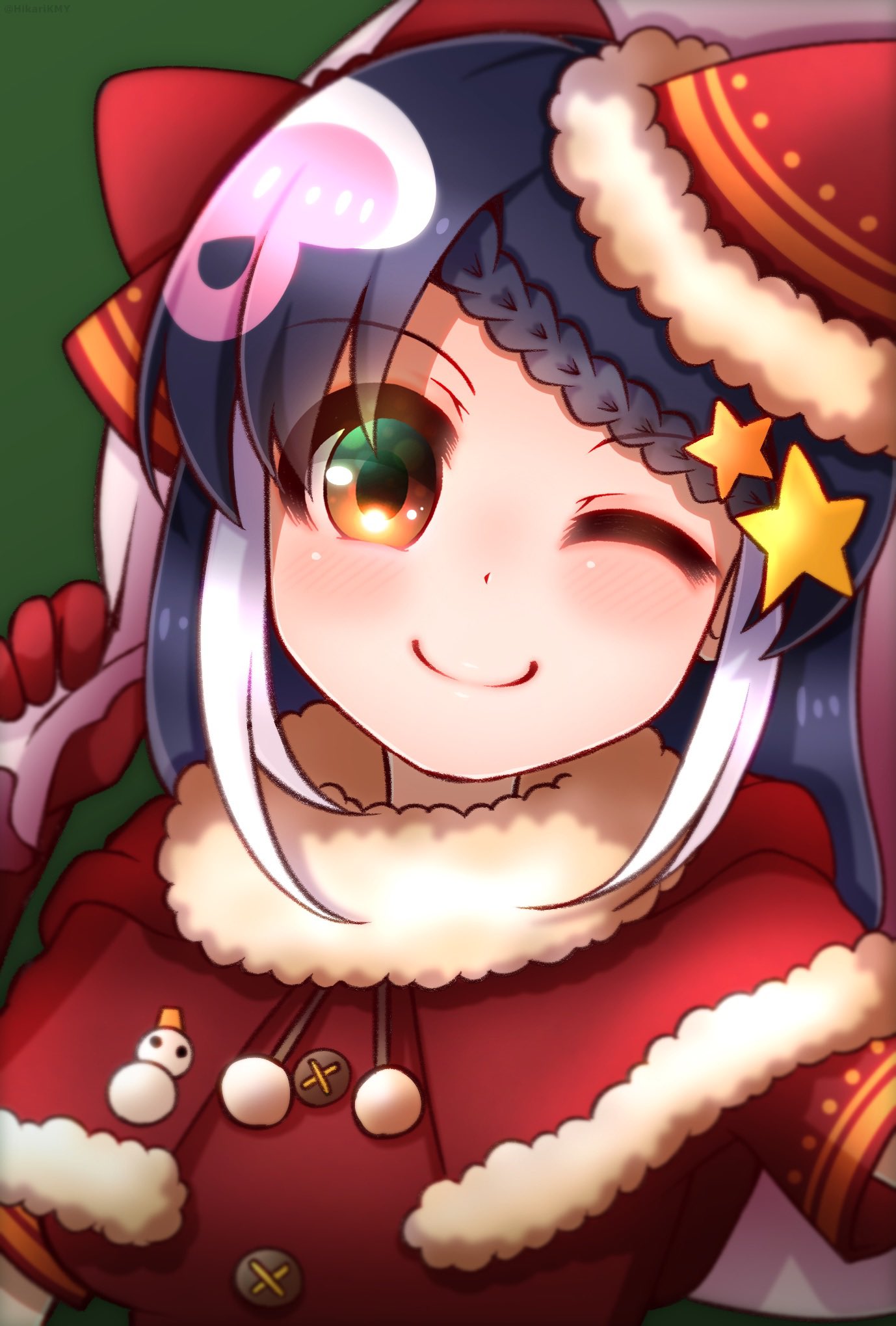 1girl african_penguin_(kemono_friends) animal_costume black_hair christmas christmas_present closed_mouth dress gift gloves hair_ornament hat highres hikarikmy kemono_friends kemono_friends_v_project long_hair looking_at_viewer multicolored_hair one_eye_closed penguin_costume penguin_girl pink_hair ribbon santa_hat smile snowman solo virtual_youtuber yellow_eyes