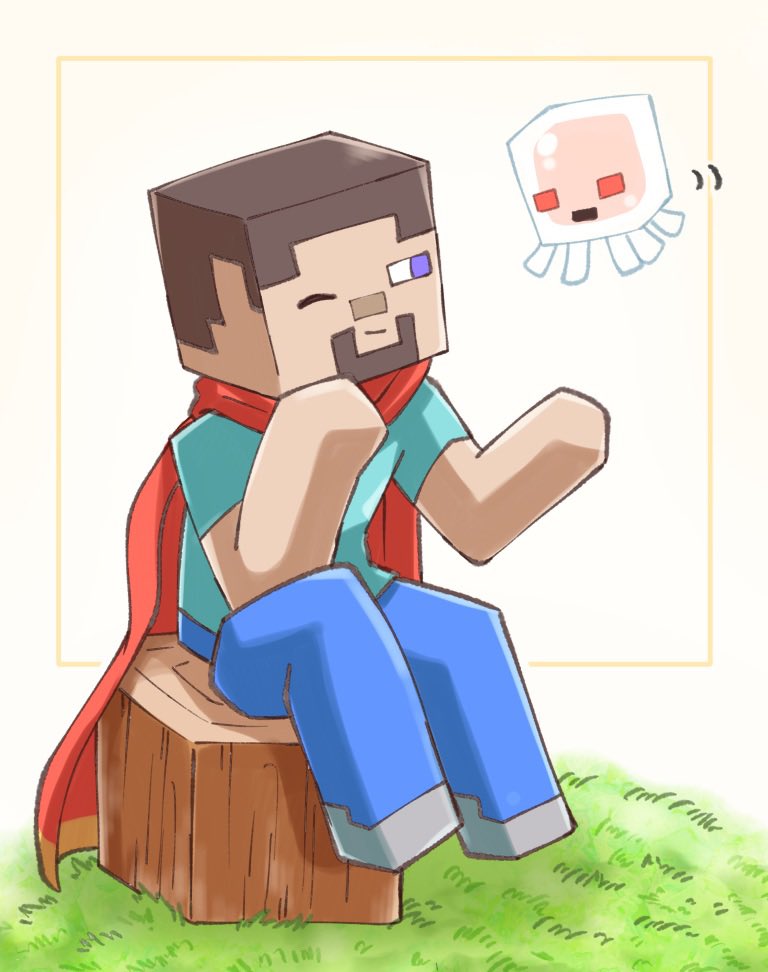 1boy beard blue_eyes blue_pants border brown_hair cape commentary commentary_request creature dark_skin facial_hair floating ghast grass grey_footwear light_blue_shirt looking_at_another minecraft one_eye_closed outside_border pants raihachi red_cape red_eyes shirt short_hair simple_background sitting sitting_on_tree_stump steve_(minecraft) t-shirt tentacles tree_stump white_background