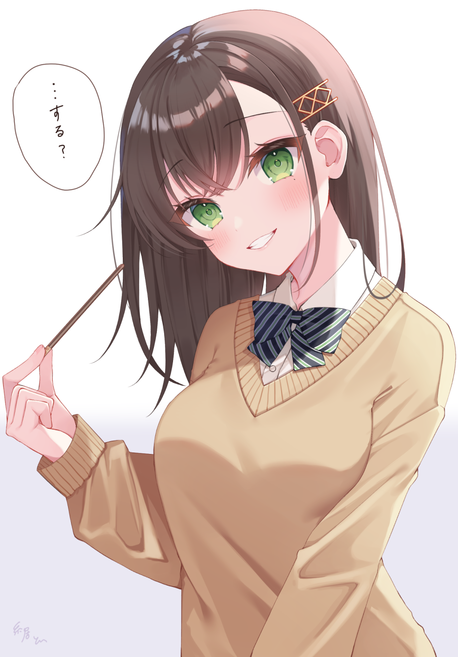 1girl bangs blush brown_hair brown_sweater collared_shirt commentary_request diagonal-striped_bow dress_shirt food gradient gradient_background green_eyes grey_background grin hair_between_eyes hair_ornament head_tilt highres holding holding_food itoi_toi long_sleeves looking_at_viewer original pocky puffy_long_sleeves puffy_sleeves school_uniform shirt signature sleeves_past_wrists smile solo sweater translation_request upper_body white_background white_shirt