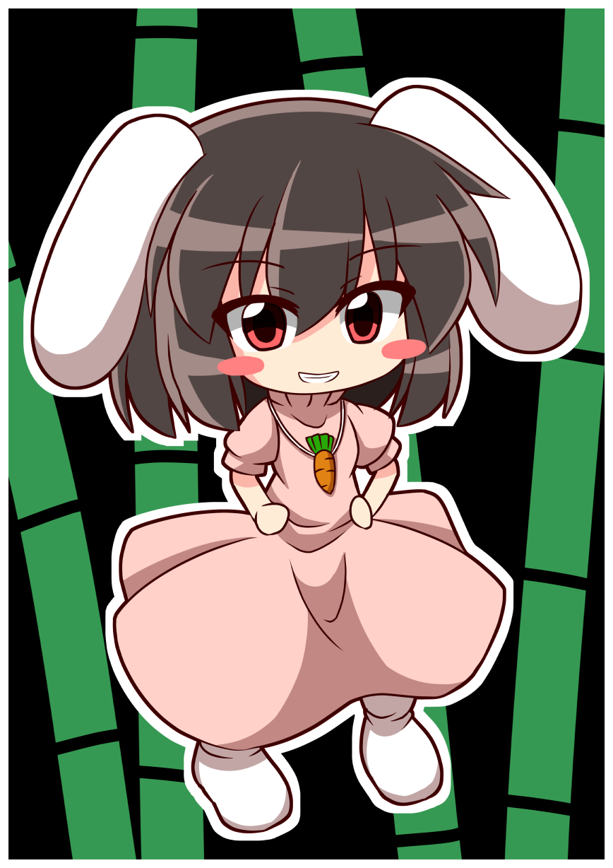 1girl animal_ears bamboo bangs blush blush_stickers border brown_hair carrot_necklace chibi commentary damiwi dress flat_chest floppy_ears full_body grin hair_between_eyes highres inaba_tewi jewelry long_dress looking_at_viewer necklace no_shoes outline pink_dress rabbit_ears rabbit_girl red_eyes short_hair smile socks solo touhou white_border white_outline white_socks