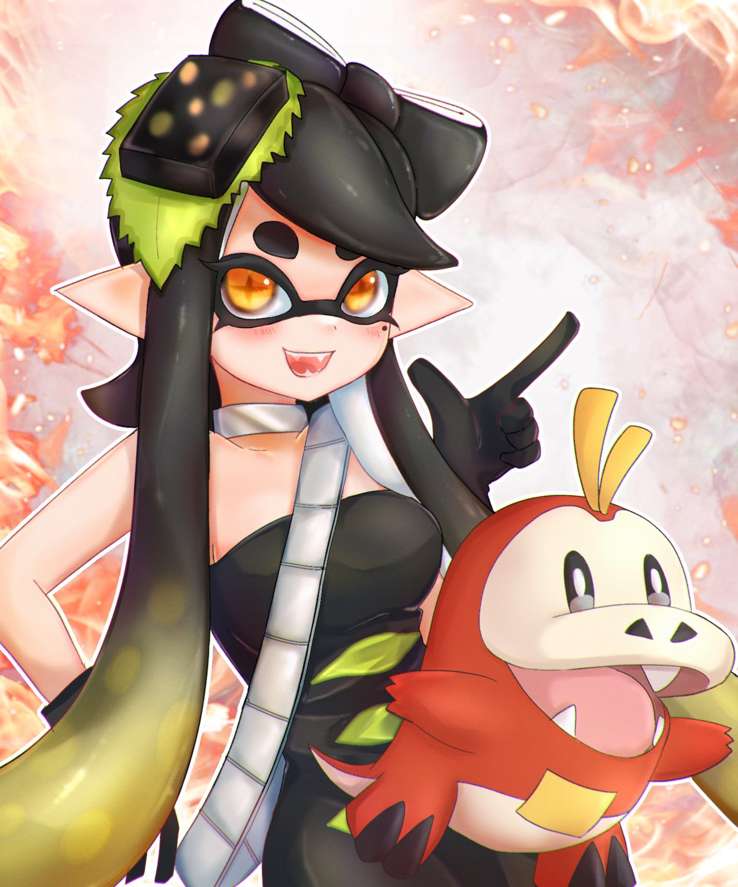 1girl :d black_dress black_gloves blonde_hair callie_(splatoon) company_connection cross-shaped_pupils crossover dress fangs food food_on_head fuecoco gloves gradient_hair highres jewelry long_hair mole mole_under_eye multicolored_hair neck_ring nintendo object_on_head oniku_(onikuoekaki) open_mouth orange_eyes outline pointy_ears pokemon pokemon_(creature) smile splatoon_(series) splatoon_3 strapless strapless_dress teeth tentacle_hair two-tone_hair white_outline