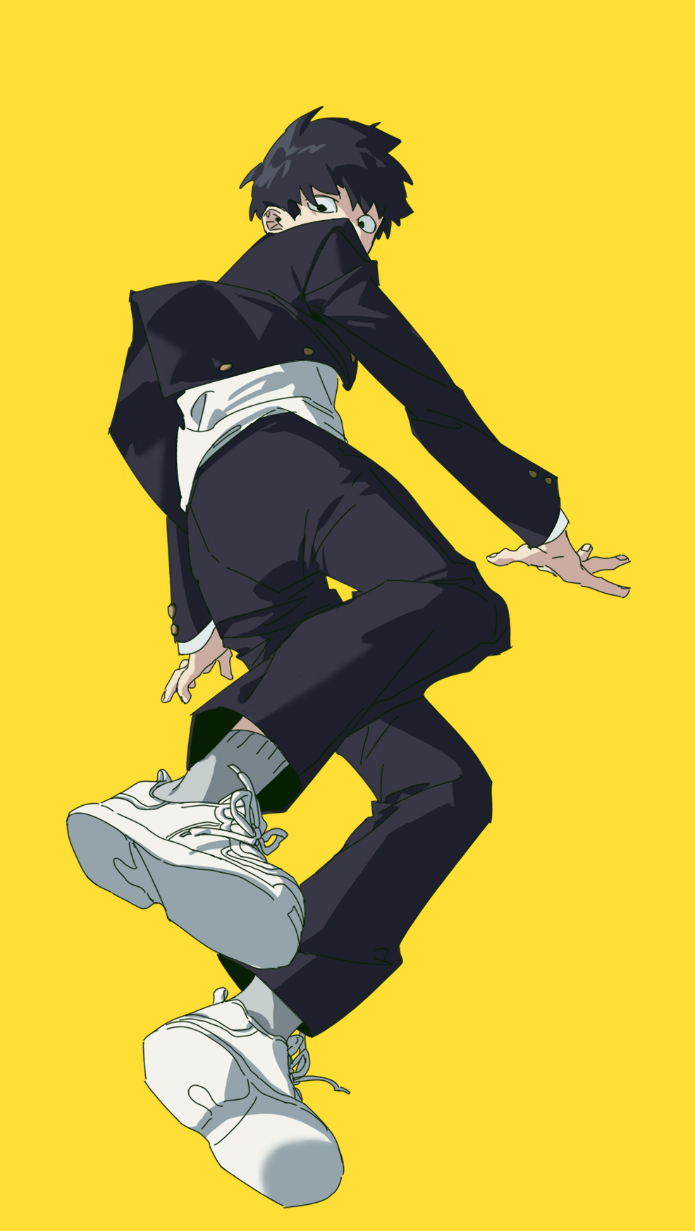 1boy black_hair black_jacket black_pants floating from_below gakuran grey_socks highres jacket kageyama_shigeo looking_at_viewer male_focus min83489492 mob_psycho_100 open_clothes open_jacket pants protected_link school_uniform shirt shoes simple_background sneakers socks solo white_footwear white_shirt yellow_background