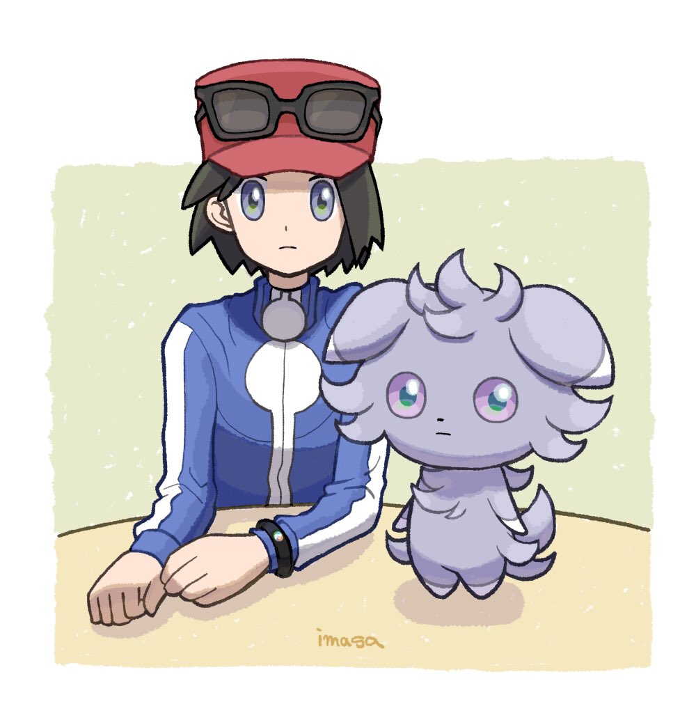 1boy black-framed_eyewear black_hair blue_jacket border calem_(pokemon) closed_mouth commentary espurr expressionless eyewear_on_headwear grey_eyes hat im_i_masa imitating jacket long_sleeves male_focus mega_ring pokemon pokemon_(creature) pokemon_(game) pokemon_xy red_headwear short_hair signature sunglasses symbol-only_commentary table turtleneck turtleneck_jacket white_border