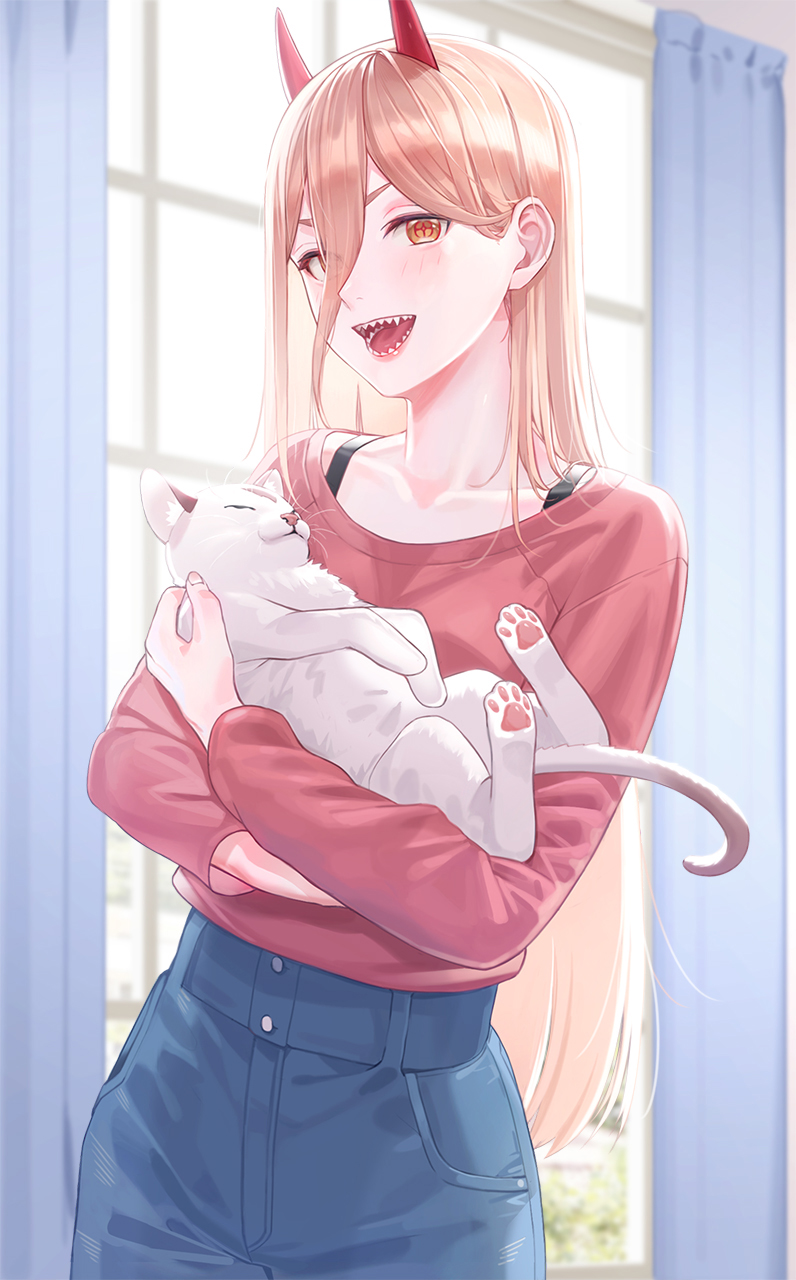 1girl :d animal blonde_hair bra_strap cat chainsaw_man cross-shaped_pupils day denim hair_between_eyes highres holding holding_animal holding_cat horns indoors jeans kfr long_hair long_sleeves looking_at_viewer meowy_(chainsaw_man) pants power_(chainsaw_man) red_shirt shirt smile solo window