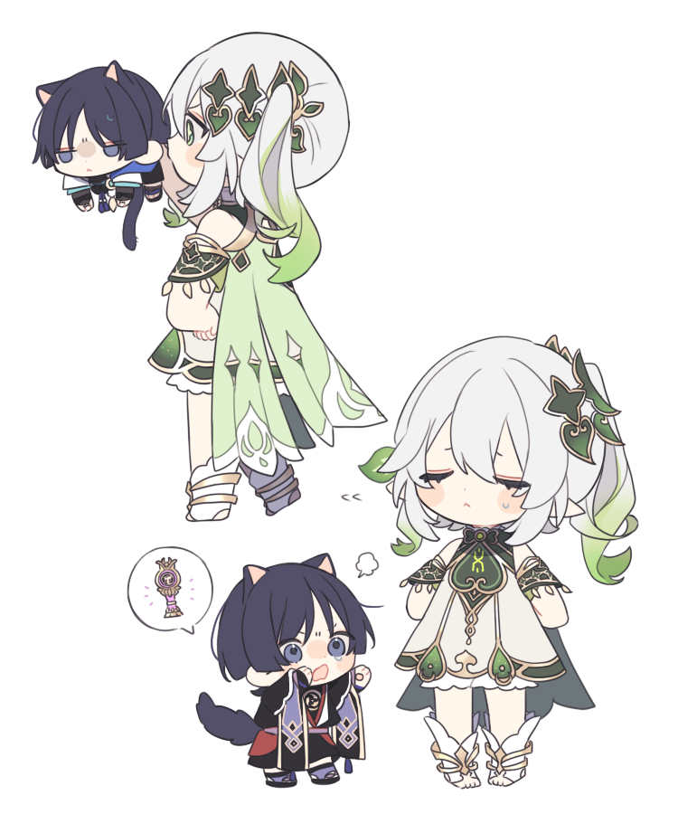 1boy 1girl =3 animal_ears anklet black_shirt black_shorts bracelet braid cape cat_ears cat_tail detached_sleeves dress genshin_impact gnosis_(genshin_impact) gold_trim gradient_hair green_cape green_eyes green_hair green_sleeves hair_ornament japanese_clothes jewelry kimono leaf_hair_ornament lifting_person long_hair miniboy multicolored_hair nahida_(genshin_impact) pointy_ears purinacow scaramouche_(genshin_impact) shirt shorts side_braid side_ponytail simple_background sleeveless sleeveless_dress speech_bubble spoken_object stirrup_footwear sweat tail wanderer_(genshin_impact) white_background white_dress white_footwear white_hair wide_sleeves