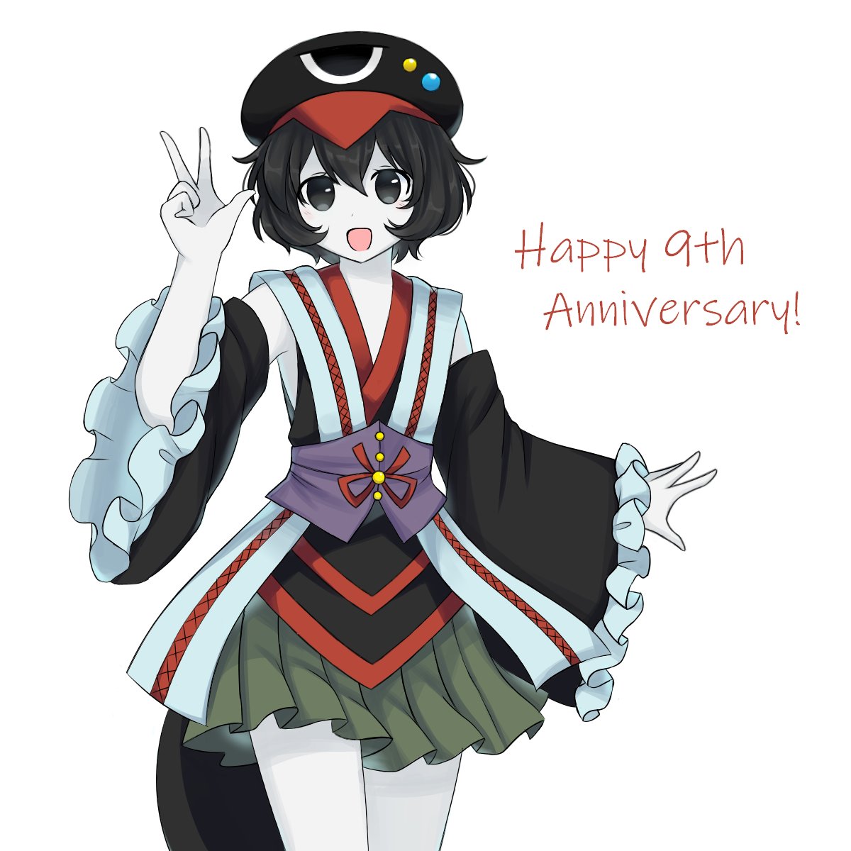 1other androgynous anniversary black_eyes black_hair cabbie_hat colored_skin detached_sleeves geta hakama hakama_short_skirt hakama_skirt hat highres japanese_clothes len'en open_mouth red_ribbon rei_(len'en) ribbon short_hair skirt smile solo v white_skin