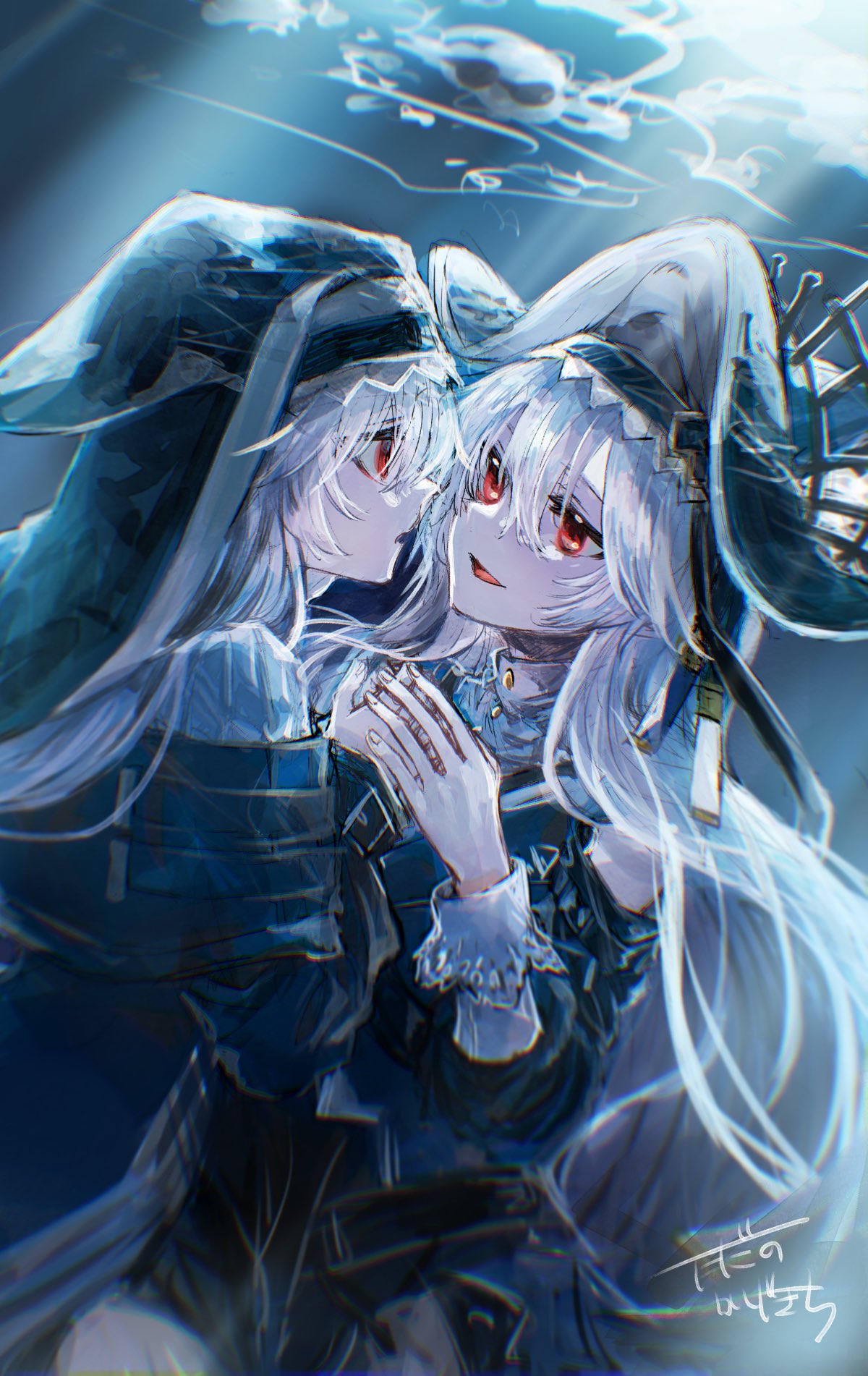 2girls :d arknights bangs bare_shoulders black_headwear black_jacket commentary_request dual_persona eye_contact grey_hair hair_between_eyes hand_up hat highres jacket long_hair long_sleeves looking_at_another multiple_girls multiple_persona off_shoulder profile puffy_long_sleeves puffy_sleeves red_eyes shirt signature sleeves_past_wrists smile specter_(arknights) specter_the_unchained_(arknights) tadano_kagekichi underwater very_long_hair water white_shirt