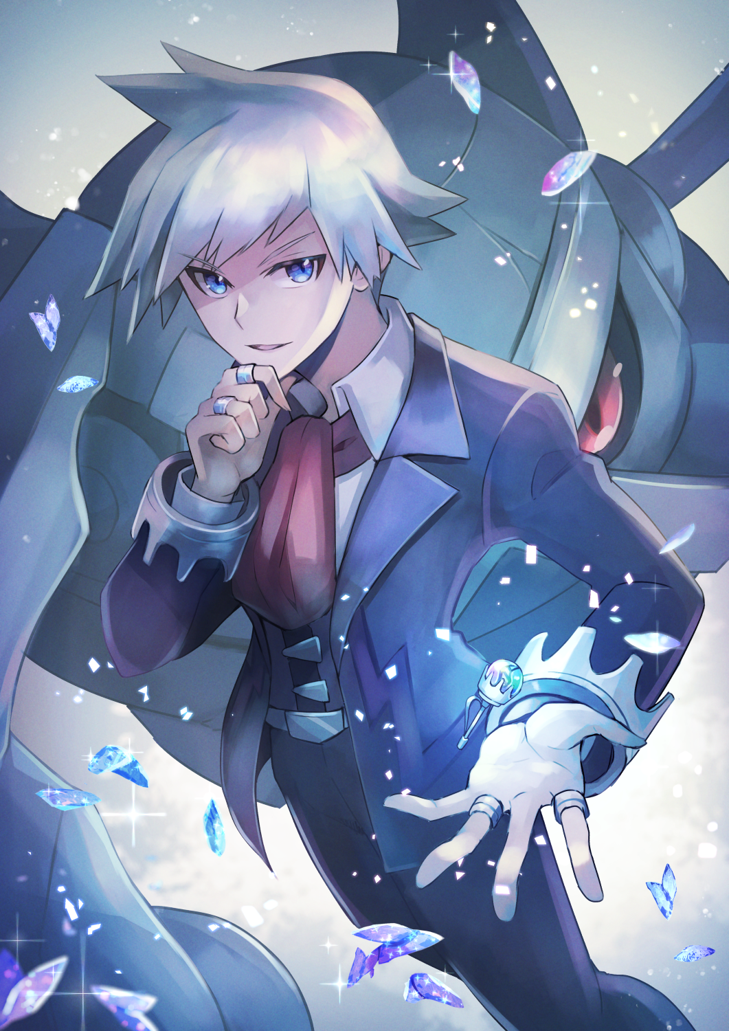 1boy bangs belt belt_buckle black_pants blue_eyes buckle collared_shirt commentary_request gem grey_hair hand_on_own_chin hand_up highres jacket jewelry long_sleeves looking_at_viewer male_focus metagross necktie pants parted_lips pokemon pokemon_(creature) pokemon_(game) pokemon_oras red_necktie ring shirt short_hair smile sparkle spiky_hair steven_stone stroking_own_chin vest zeroki_(izuno)