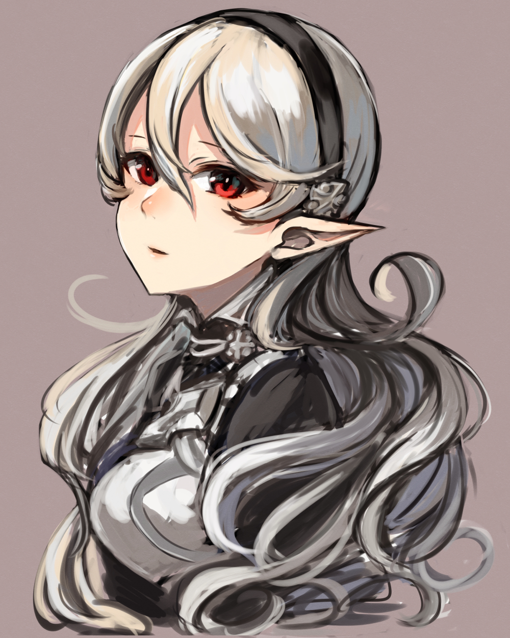 1girl bangs black_hairband corrin_(fire_emblem) corrin_(fire_emblem)_(female) cropped_torso fire_emblem fire_emblem_fates floating_hair grey_background grey_hair hair_between_eyes hairband haru_(nakajou-28) highres long_hair open_mouth pointy_ears red_eyes simple_background sketch solo upper_body very_long_hair