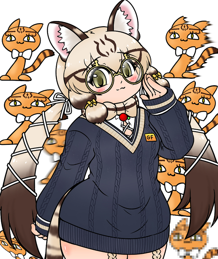 1girl animal_costume animal_ear_fluff animal_ears bow bowtie cat_ears cat_girl cat_tail closed_mouth edamamezooooo extra_ears geoffroy's_cat_(kemono_friends) glasses green_eyes grey_hair kemono_friends kemono_friends_v_project long_hair looking_at_viewer microphone multicolored_hair ribbon shirt smile sweater tail twintails virtual_youtuber