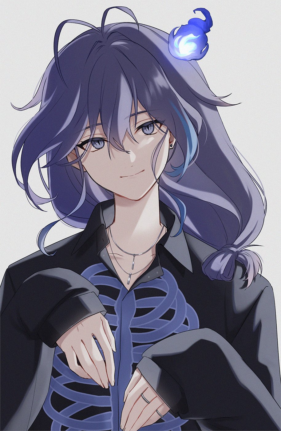 1boy aqua_hair bishounen fujishima02 ghost_pose highres holostars long_hair long_sleeves male_focus minase_rio purple_hair skeleton_print solo virtual_youtuber