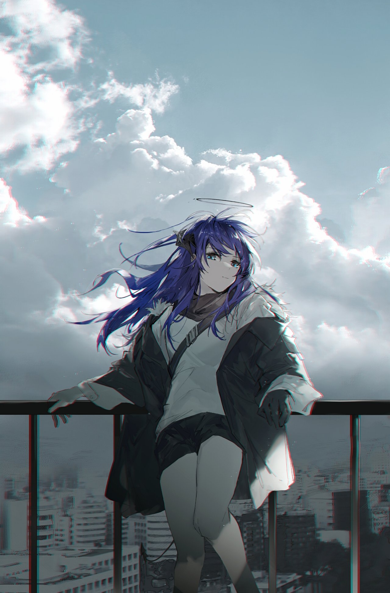 1girl against_railing arknights asymmetrical_gloves bare_legs black_coat black_gloves black_scarf black_shorts blue_eyes blue_hair cheonyeon-hi city closed_mouth clouds coat day demon_girl demon_horns demon_tail feet_out_of_frame gloves halo highres horns long_hair long_sleeves looking_at_viewer mismatched_gloves mostima_(arknights) open_clothes open_coat outdoors photo_background railing scarf shirt short_shorts shorts solo standing tail white_gloves white_shirt