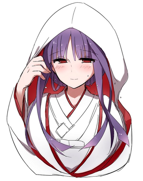 1girl arm_up asagami_fujino bangs blush eyebrows_hidden_by_hair fate/grand_order fate_(series) japanese_clothes kara_no_kyoukai kimono long_hair looking_at_viewer ohitashi_netsurou purple_hair red_eyes shiromuku simple_background smile solo uchikake upper_body white_background