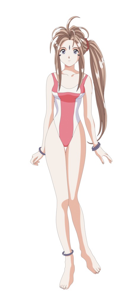 aa_megami-sama bangles bare_arms bare_legs barefoot belldandy blue_eyes bracelet brown_hair collarbone facial_mark forehead_mark goddess long_hair ponytail ribbon scrunchie simple_background standing swimsuit thighs two-tone_swimsuit white_background