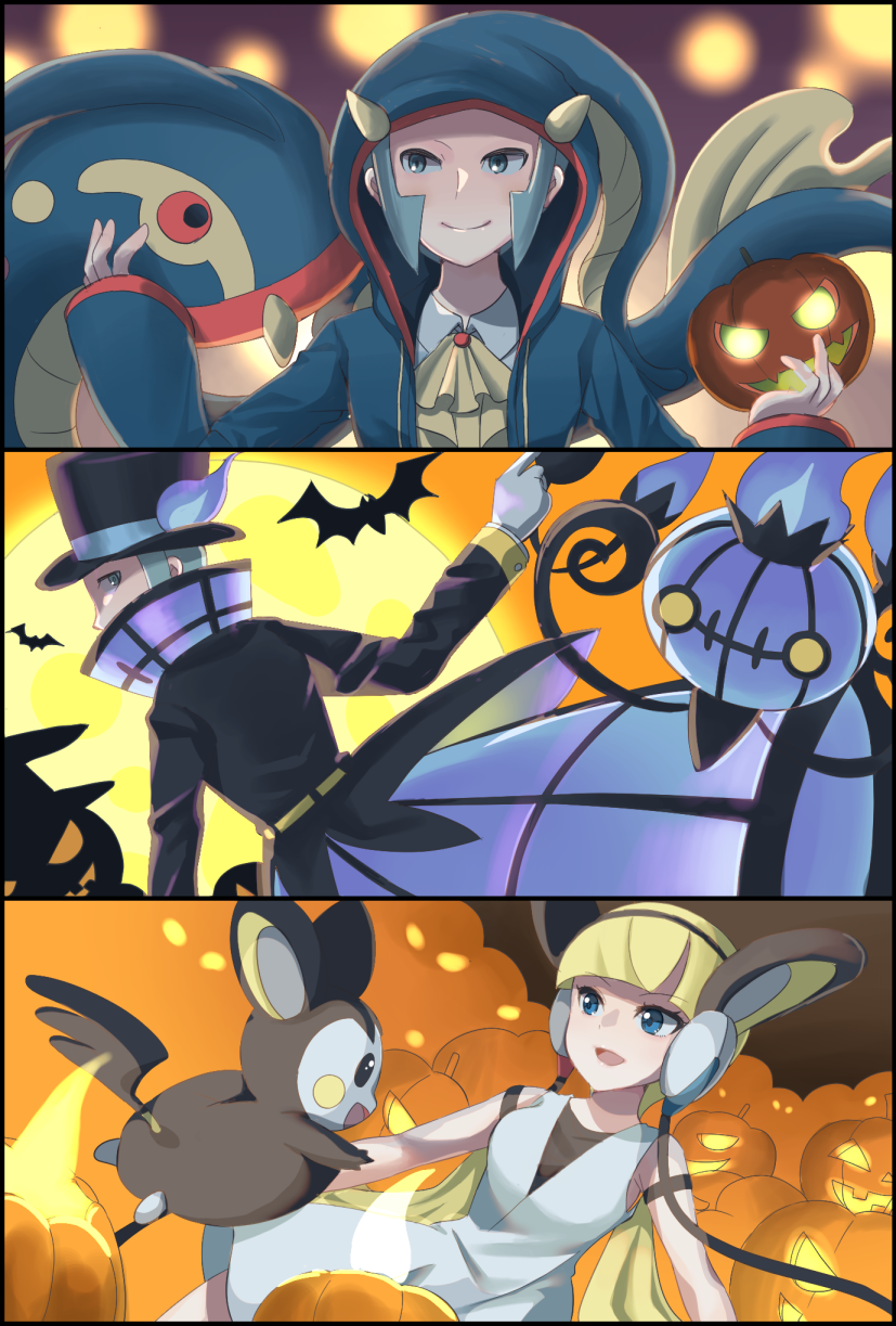 1girl 2boys :d alternate_costume bangs black_headwear black_jacket blonde_hair blue_eyes blunt_bangs chandelure chandelure_(cosplay) closed_mouth commentary_request cosplay dress eelektross eelektross_(cosplay) elesa_(pokemon) emmet_(pokemon) emolga emolga_(cosplay) eyelashes gloves grey_eyes grey_hair hand_up hands_up hat highres ingo_(pokemon) jack-o'-lantern jacket long_sleeves mizuiro123 multiple_boys open_mouth pokemon pokemon_(creature) pokemon_(game) pokemon_bw short_hair sideburns silhouette sleeveless sleeveless_dress smile yellow_jabot