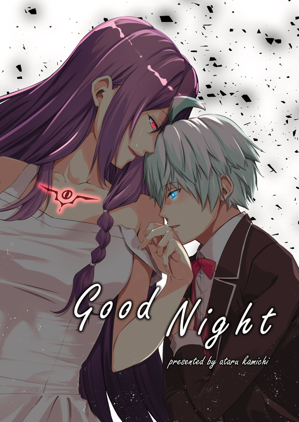 1boy 1girl ataru_(cha2batake) bare_shoulders blue_eyes bow bowtie breasts coat collarbone cover cover_page dress formal grey_hair height_difference horns looking_at_another oni_horns original purple_hair red_eyes ribbon shirt short_hair single_horn suit tears upper_body white_shirt