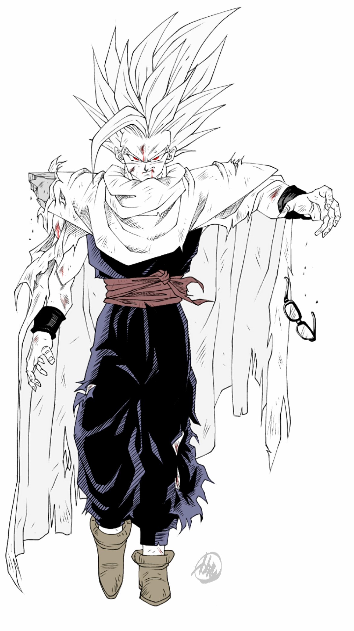 1boy blood blood_from_mouth bruise bruise_on_face cape dougi dragon_ball dragon_ball_super dragon_ball_super_super_hero dropping eyewear_removed glasses gohan_beast highres injury kakeru_(dbskakeru) limited_palette male_focus official_style red_eyes shoulder_pads signature solo son_gohan toriyama_akira_(style)