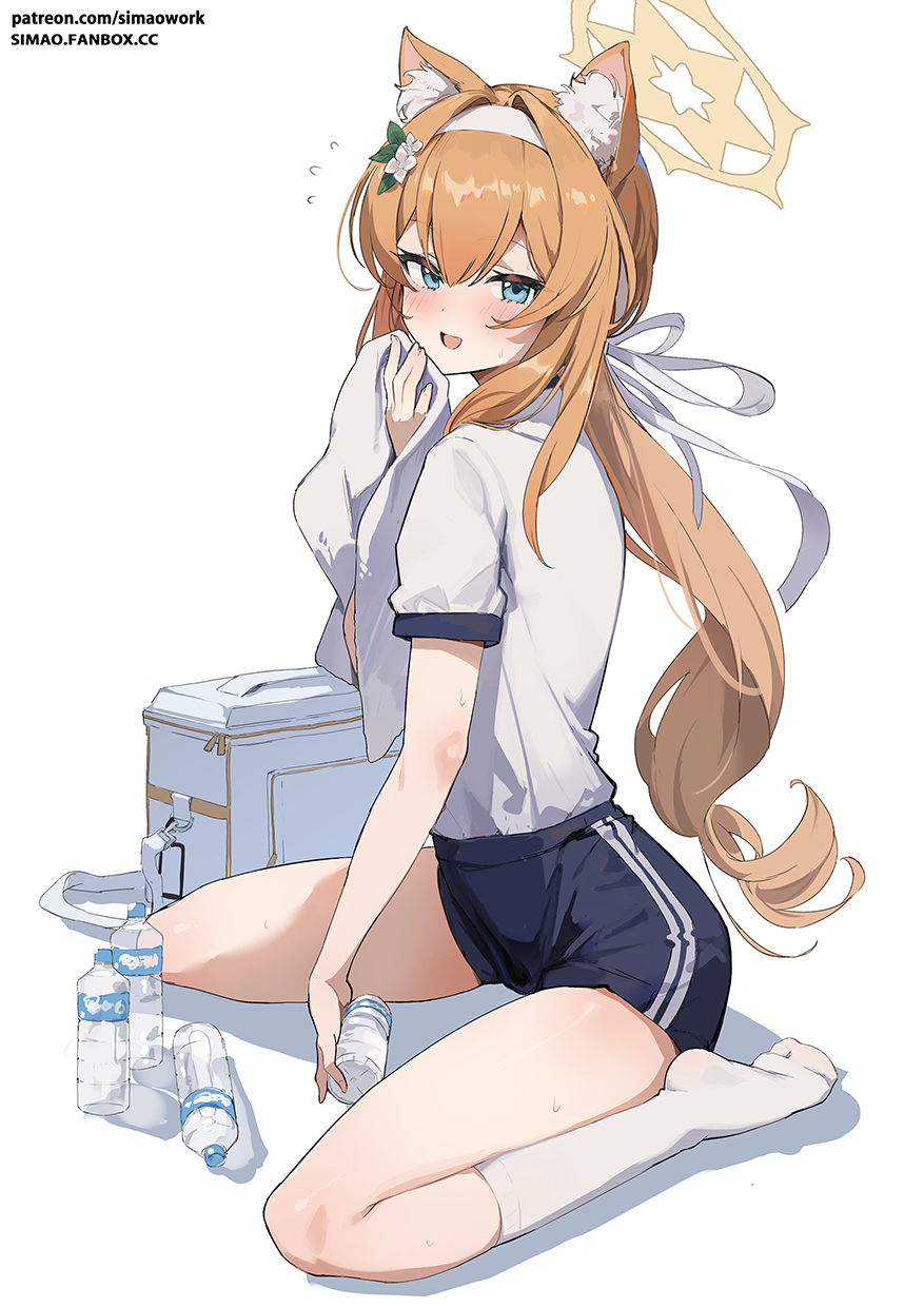 1girl :d blue_archive blue_eyes blush brown_hair cooler flying_sweatdrops gym_uniform hairband halo highres kneehighs long_hair looking_at_viewer mari_(blue_archive) plastic_bottle ponytail shorts simao_(x_x36131422) sitting smile socks solo towel wariza white_socks