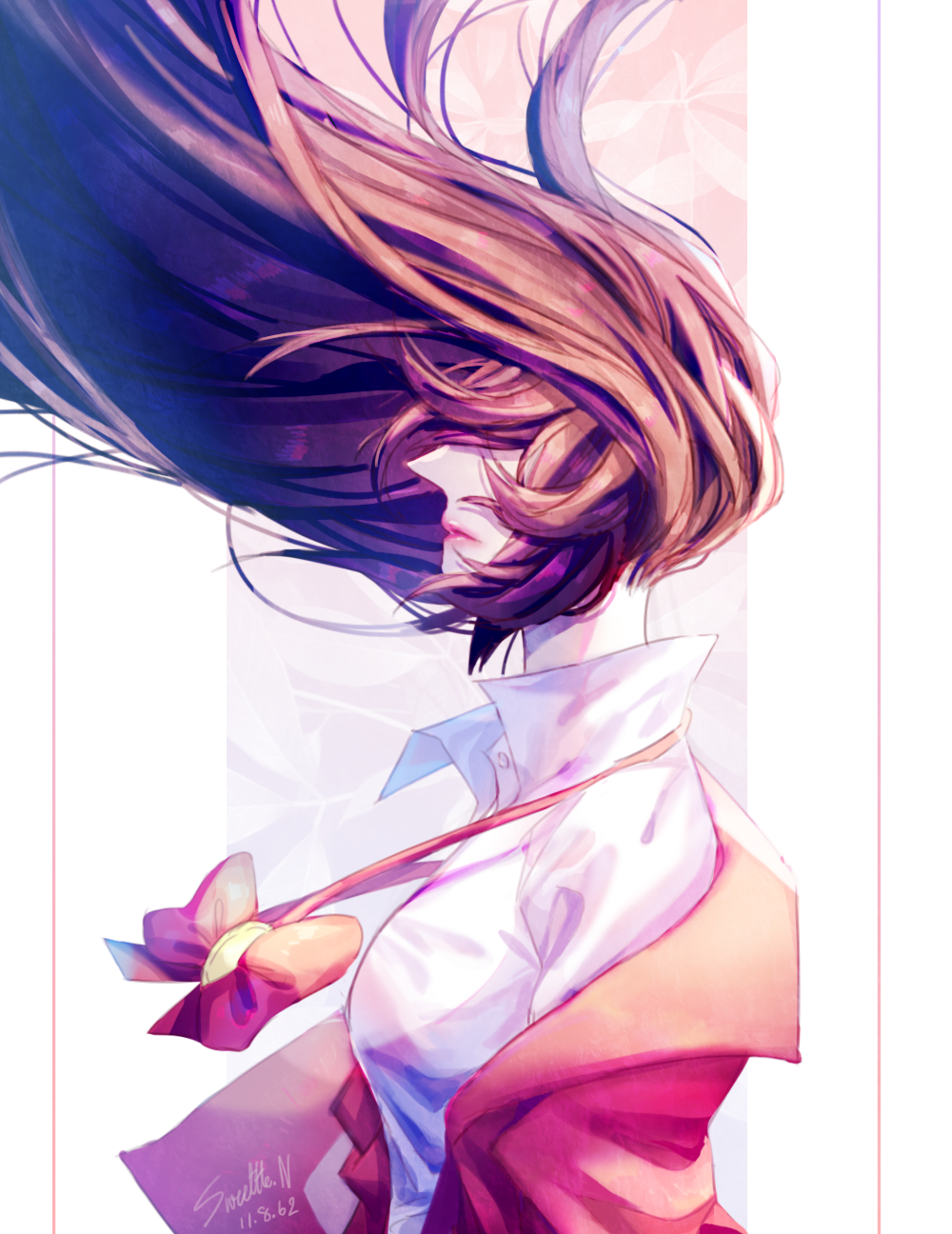 1girl bow bowtie brown_hair hair_over_eyes highres laflora lipstick long_hair makeup pointy_nose profile red_bow red_bowtie shirt solo sweettle.n tiwa_pudpichya upper_body white_shirt wind