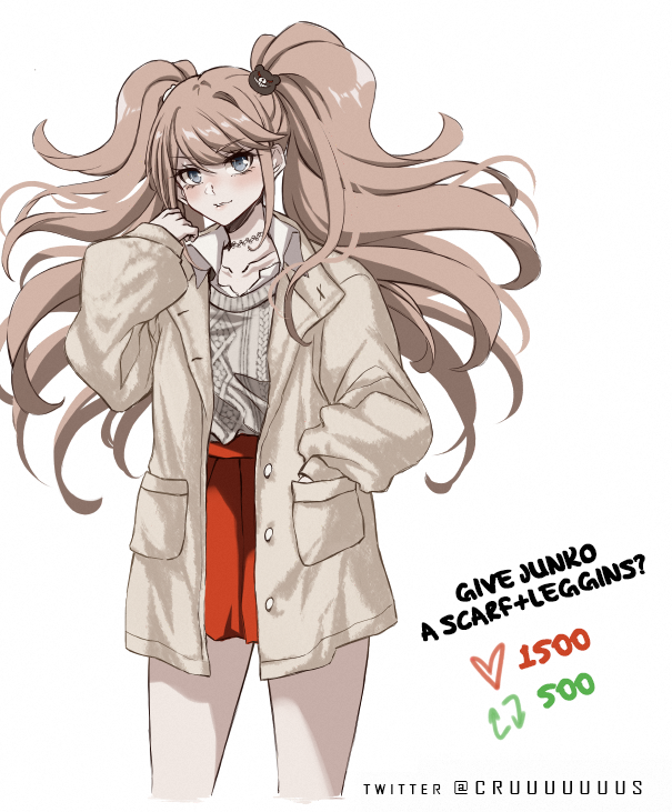 1girl bangs bear_hair_ornament brown_jacket brown_sweater collarbone collared_shirt criis-chan cropped_legs danganronpa:_trigger_happy_havoc danganronpa_(series) english_text enoshima_junko grey_eyes hair_ornament hand_in_pocket hand_up jacket like_and_retweet long_hair long_sleeves miniskirt nail_polish open_clothes open_jacket parted_lips red_nails red_skirt shiny shiny_hair shirt simple_background skirt sleeves_past_wrists smile solo sweater sweater_tucked_in twintails twitter_strip_game twitter_username white_background white_shirt