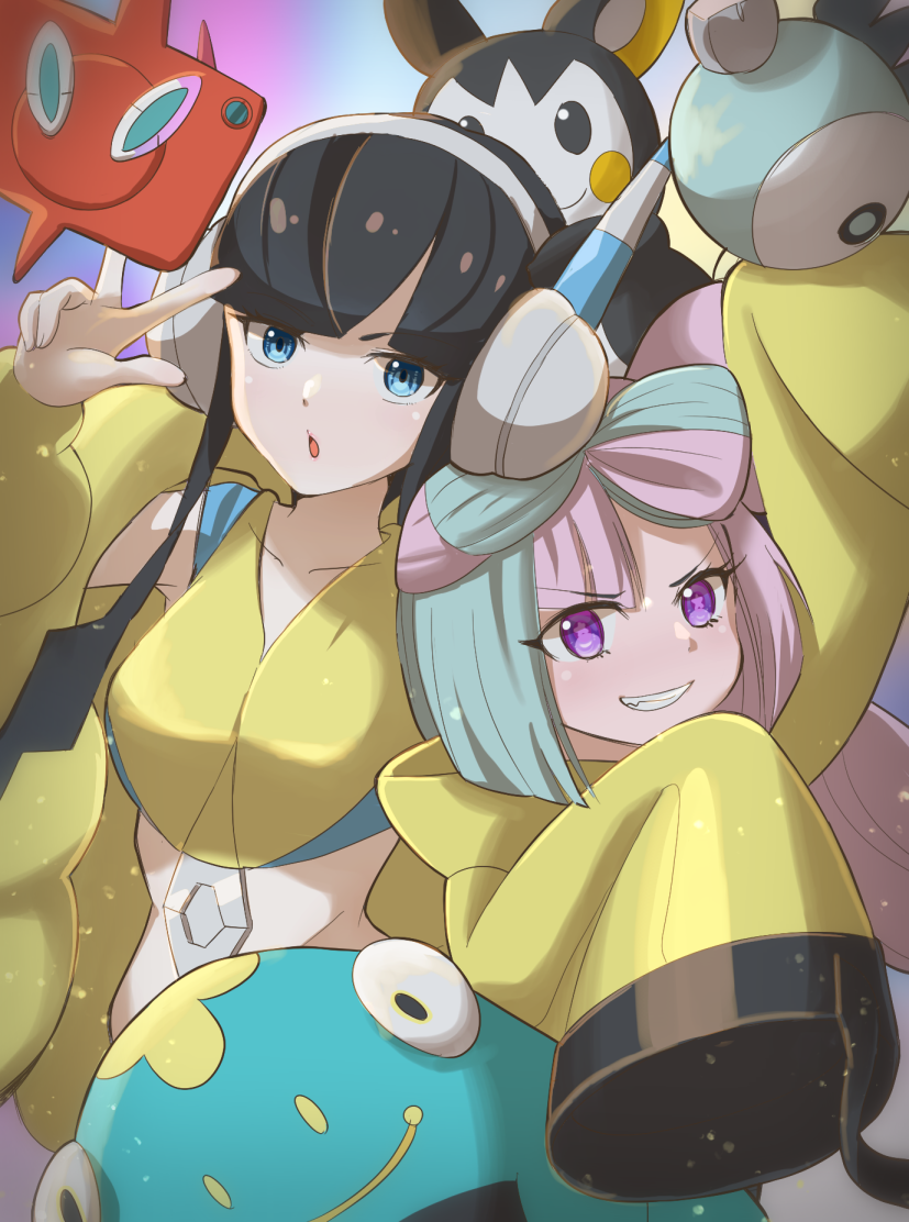 2girls :o bangs bellibolt black_hair blue_eyes blunt_bangs commentary_request elesa_(pokemon) emolga eyelashes grin hand_up headphones iono_(pokemon) jacket long_hair looking_at_viewer mizuiro123 multiple_girls pokemon pokemon_(creature) pokemon_(game) pokemon_bw2 pokemon_sv rotom rotom_phone shirt sidelocks sleeveless sleeveless_shirt sleeves_past_fingers sleeves_past_wrists smile teeth violet_eyes w yellow_jacket yellow_shirt