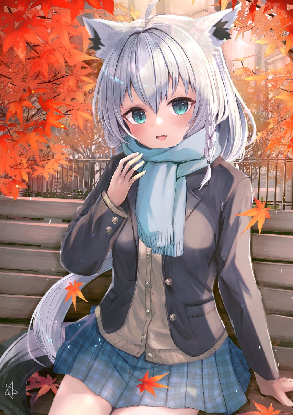 1girl ahoge animal_ear_fluff animal_ears autumn_leaves bangs bench black_jacket blue_scarf blue_skirt blush braid brown_cardigan cardigan commentary_request day fox_ears fox_girl fox_tail green_eyes hair_between_eyes highres hololive itone_114 jacket long_hair looking_at_viewer open_clothes open_jacket open_mouth outdoors pentagram plaid plaid_skirt pleated_skirt scarf shirakami_fubuki sidelocks single_braid sitting skirt smile solo tail virtual_youtuber white_hair