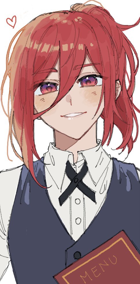 1boy bangs black_vest blue_lock chigiri_hyoma collared_shirt commentary_request hair_between_eyes heart long_hair looking_at_viewer male_focus menu multicolored_eyes ponytail red_eyes redhead shirt simple_background smile solo upper_body vest violet_eyes waiter white_background white_shirt yorii_0a