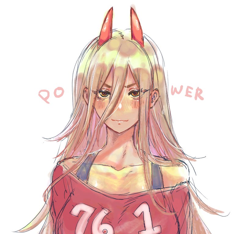 blonde_hair breasts chainsaw_man collarbone colored_pencil_(medium) demon_horns horns large_breasts light_blush light_smile long_hair looking_at_viewer off_shoulder portrait power_(chainsaw_man) print_shirt shiny shiny_hair shiny_skin shirt sports_bra t-shirt thick_eyebrows tontoro_(toropig-thunder) traditional_media very_long_hair white_background yellow_eyes