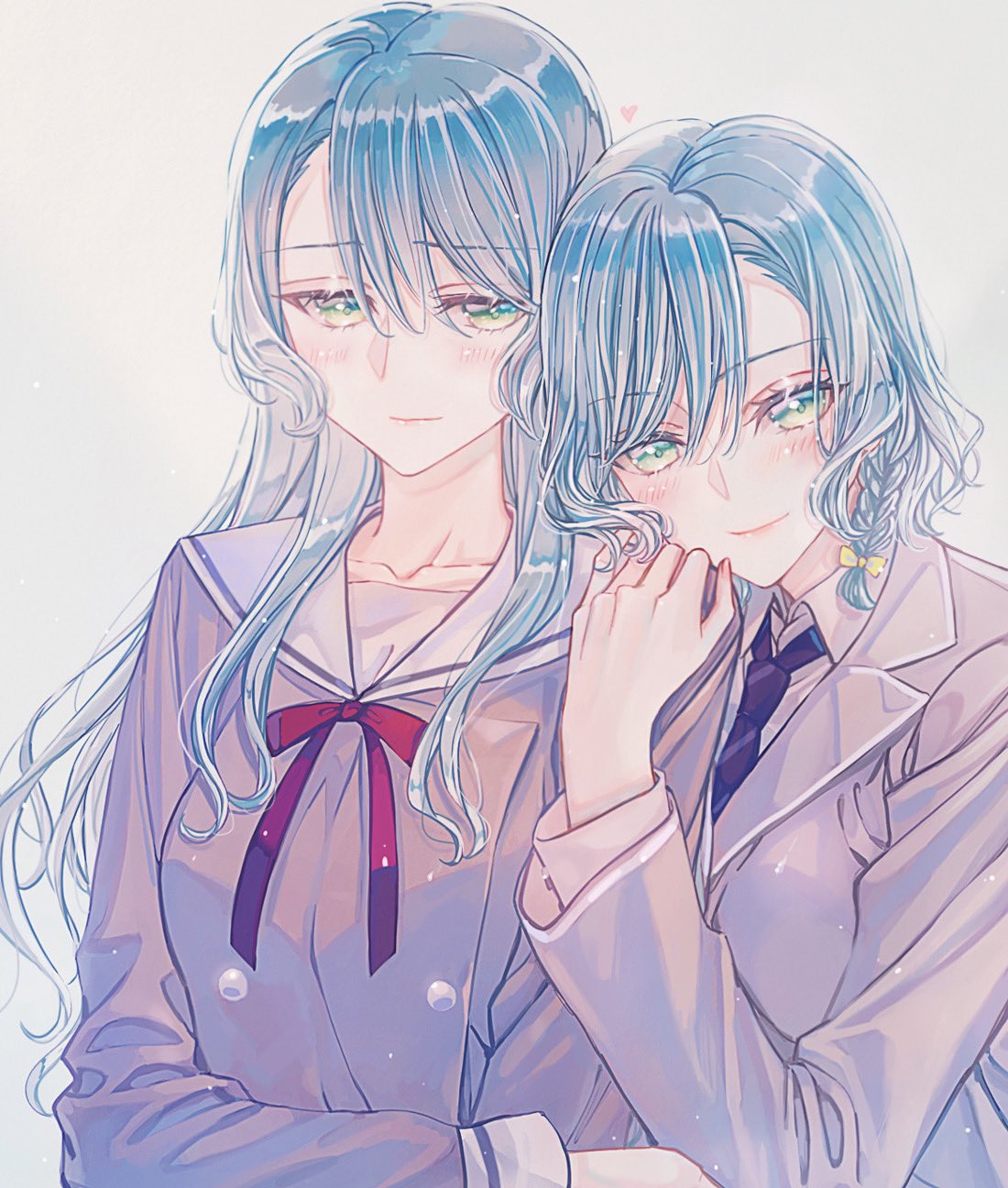 2girls aqua_hair arm_at_side bang_dream! bangs blackfangs blazer blush bow braid brown_shirt buttons closed_mouth collarbone collared_shirt commentary diagonal-striped_necktie double-breasted gradient gradient_background green_eyes grey_background grey_jacket hair_between_eyes hair_bow hanasakigawa_school_uniform hand_on_another's_shoulder hand_up haneoka_school_uniform head_on_another's_shoulder heads_together heart highres hikawa_hina hikawa_sayo jacket light_particles long_hair long_sleeves looking_at_viewer multiple_girls neck_ribbon necktie purple_necktie red_ribbon ribbon sailor_collar school_uniform serafuku shirt short_hair siblings side-by-side side_braids sidelocks sisters smile twin_braids twins white_sailor_collar white_shirt yellow_bow