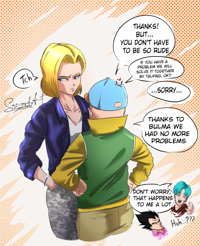 2boys 2girls android_18 anger_vein black_hair blonde_hair blue_eyes blue_hair bracelet bulma camouflage camouflage_pants closed_eyes dragon_ball dragon_ball_z english_text half-closed_eyes hand_in_pocket hands_on_hips hat jacket jewelry kuririn multiple_boys multiple_girls pants purple_jacket sarulart short_hair vegeta