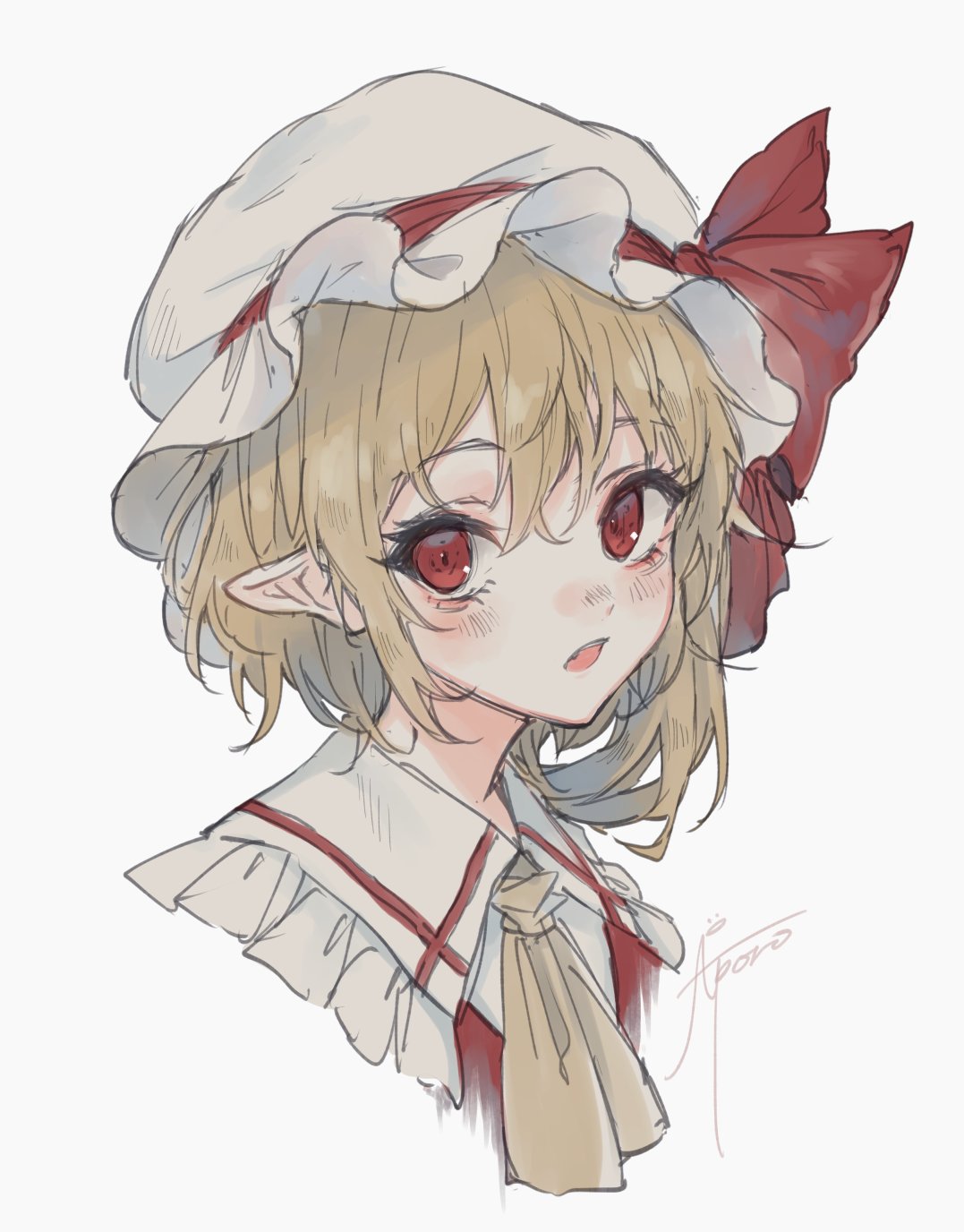 1girl ascot bangs blonde_hair blush cropped_shoulders fang flandre_scarlet frilled_shirt_collar frills gensou_aporo grey_background hair_between_eyes hat hat_ribbon highres looking_at_viewer mob_cap open_mouth pointy_ears red_eyes red_ribbon ribbon short_hair signature simple_background solo teeth touhou upper_body upper_teeth white_background white_headwear yellow_ascot
