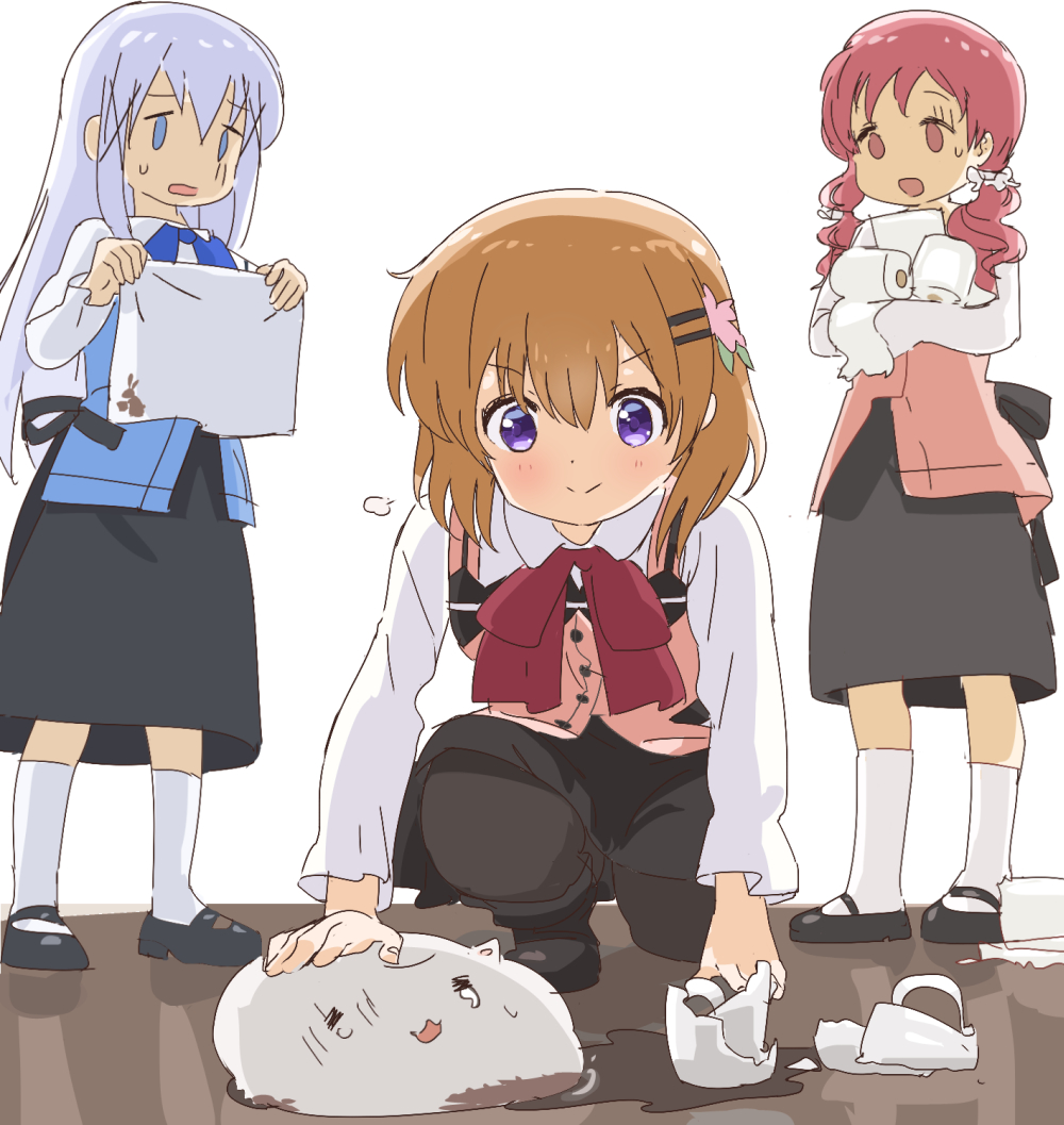 3girls 3kstqeut96knl2c :3 :d =3 =_= angora_rabbit animal_abuse apron blue_apron blue_bow blue_eyes blue_hair bow broken_cup brown_footwear cleaning closed_mouth coffee_mug collared_shirt cup d: drill_hair floor flower from_below full_body furrowed_brow gochuumon_wa_usagi_desu_ka? hair_flower hair_ornament handkerchief holding holding_handkerchief holding_paper holding_towel hoto_cocoa indoors kafuu_chino light_blue_hair long_hair mary_janes medium_hair mug multiple_girls natsu_megumi official_alternate_costume open_mouth orange_hair paper pink_apron rabbit rabbit_house_logo rabbit_house_uniform red_apron red_bow red_eyes redhead scrunchie shiny shiny_floor shiny_hair shiny_skin shirt shoes short_twintails simple_background smile spill sweatdrop tears tippy_(gochiusa) toilet_paper towel translated twin_drills twintails violet_eyes wet white_background white_scrunchie x_hair_ornament