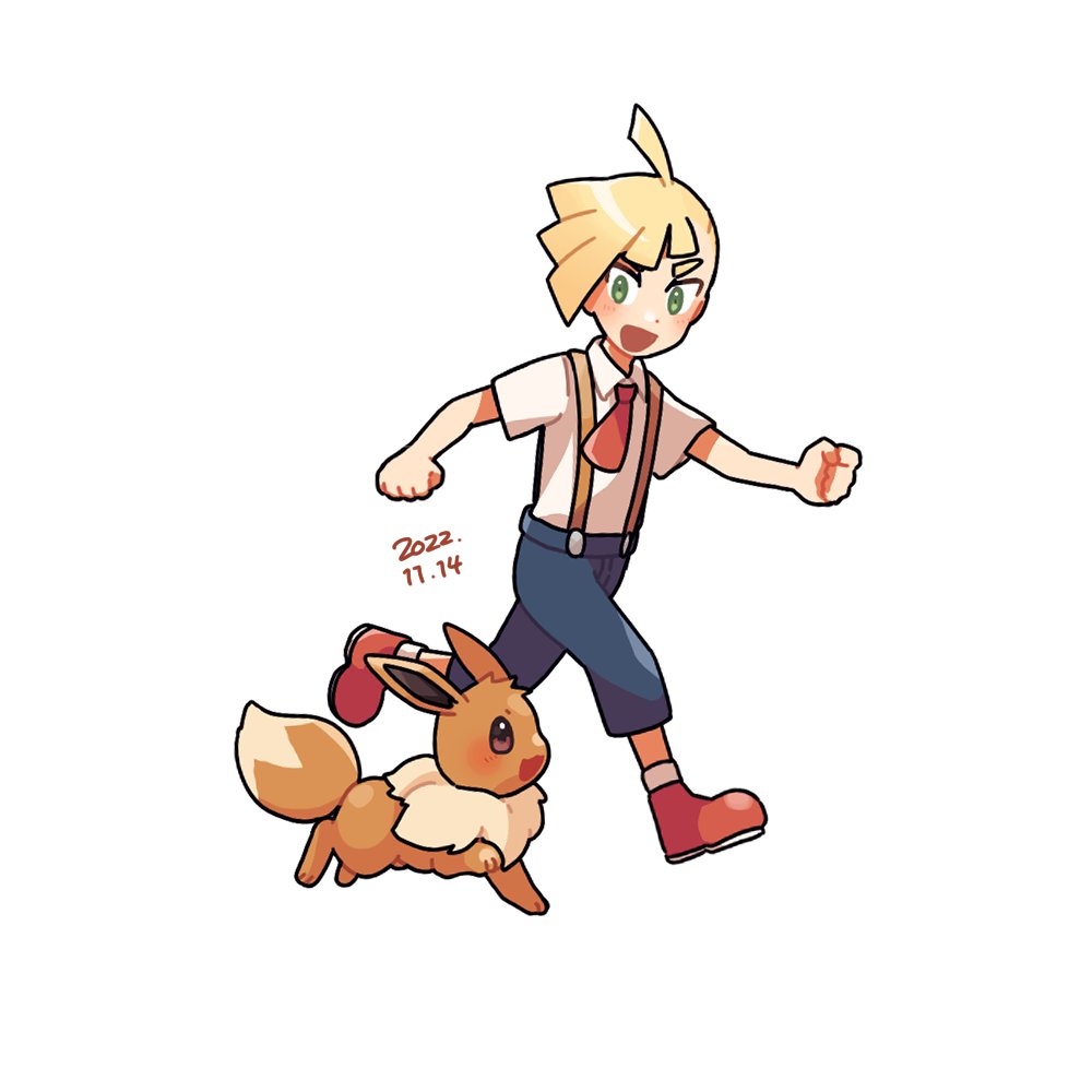 1boy :d aged_down ahoge blonde_hair blush capri_pants clenched_hands collared_shirt commentary_request daifuku_(pokefuka_art) dated eevee gladion_(pokemon) green_eyes male_focus necktie open_mouth pants pokemon pokemon_(creature) pokemon_(game) pokemon_sm shirt shoes short_hair short_necktie short_sleeves simple_background smile suspenders white_background white_shirt