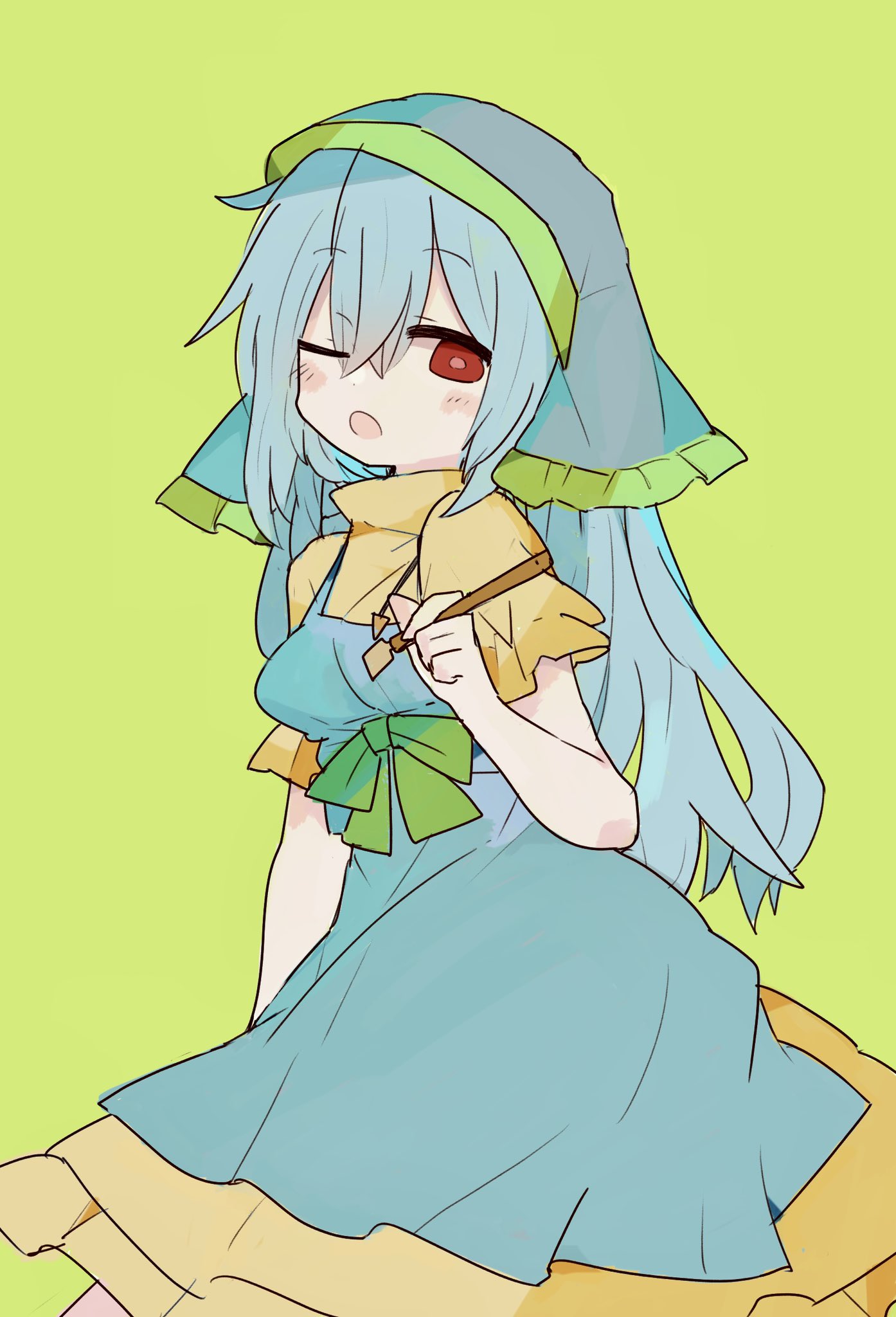 1girl 76gpo ;o apron blue_hair dress green_apron green_background green_headwear haniyasushin_keiki head_scarf highres long_hair looking_at_viewer one_eye_closed red_eyes simple_background solo touhou wood_carving_tool yellow_dress