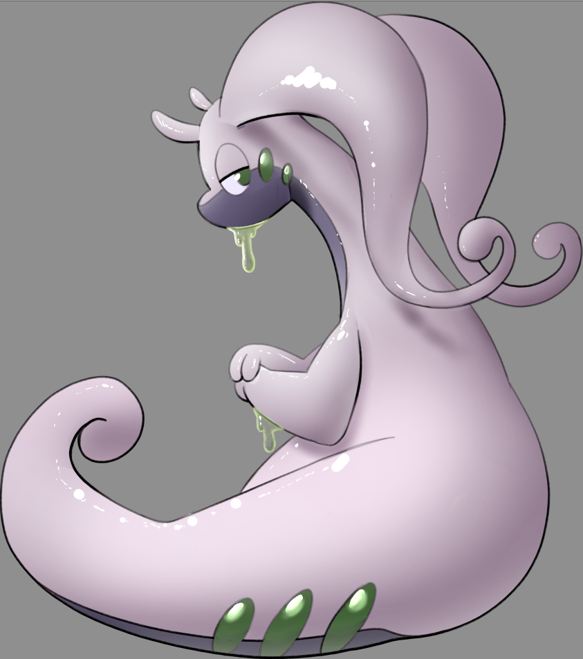 animal_focus commentary dragon english_commentary from_behind full_body goodra green_eyes grey_background half-closed_eyes hands_up looking_back no_humans own_hands_together pokemon pokemon_(creature) shiny shiny_skin simple_background slime_(substance) solo standing zippppiz