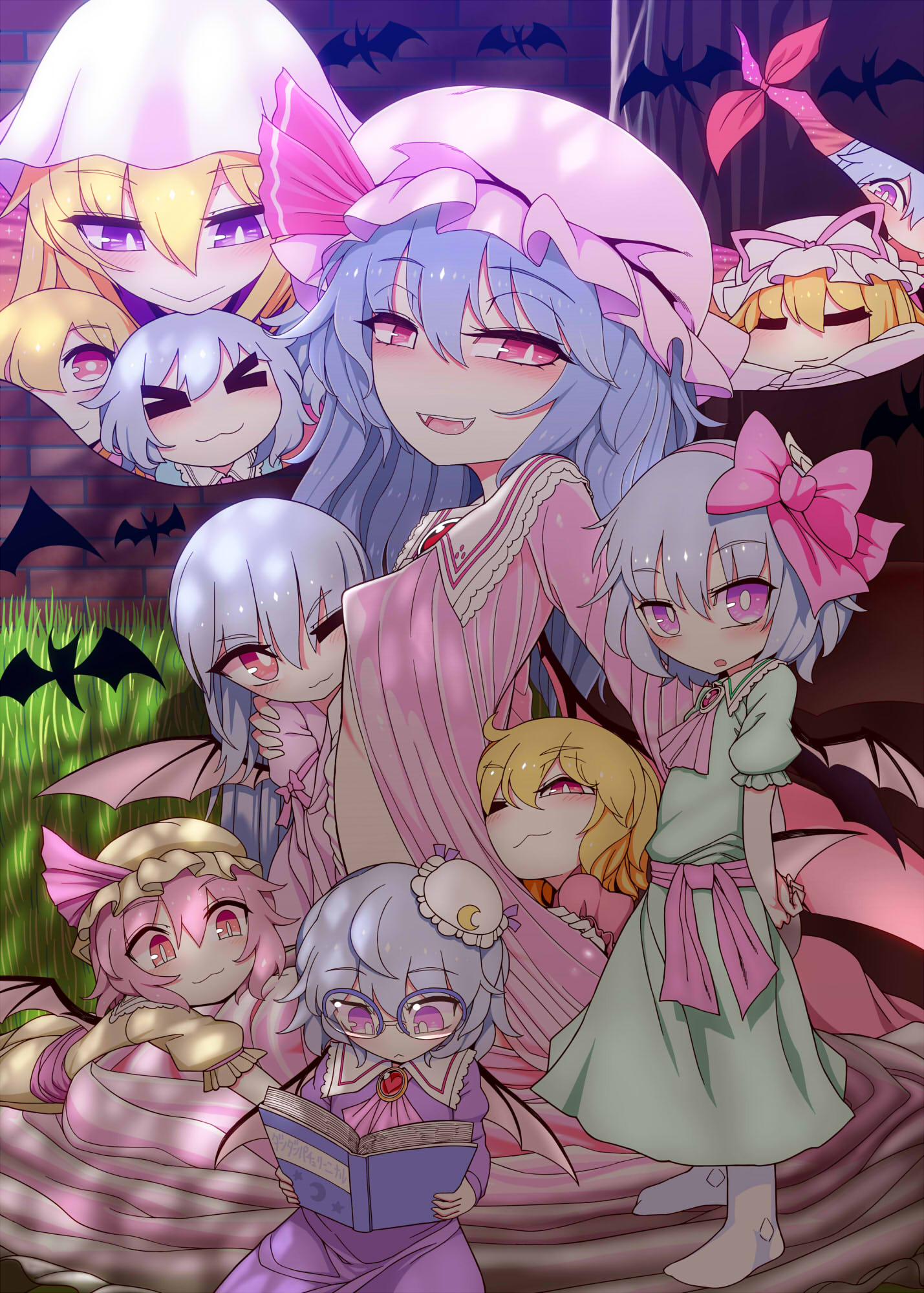 6+girls bat_wings blonde_hair blue_hair book bow commentary_request dress gap_(touhou) glasses hair_bow hat hat_ribbon highres if_they_mated long_hair long_sleeves looking_at_viewer mob_cap multiple_girls open_mouth pink_hair reading red_eyes remilia_scarlet ribbon short_hair smile touhou violet_eyes wings yakumo_yukari yassy
