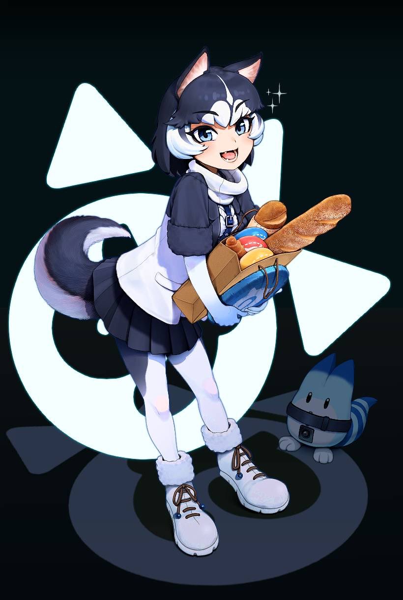 1girl :d animal_ears bag baguette black_hair black_skirt blue_eyes bread commentary_request croissant dog_ears dog_girl dog_tail fangs food full_body fur_trim highres japari_bun japari_symbol kemono_friends leaning_forward looking_at_viewer lucky_beast_(kemono_friends) multicolored_hair open_mouth pantyhose pleated_skirt short_hair short_sleeves siberian_husky_(kemono_friends) skirt smile sparkle standing tail two-tone_hair white_hair yuanagae